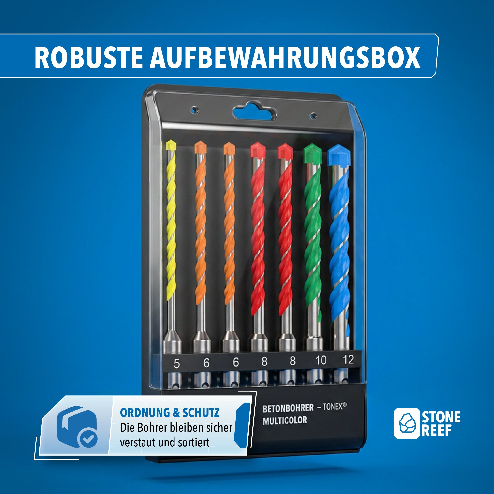 Ein Set aus sieben bunten Steinbohrern in einer transparenten Aufbewahrungsbox auf blauem Hintergrund.