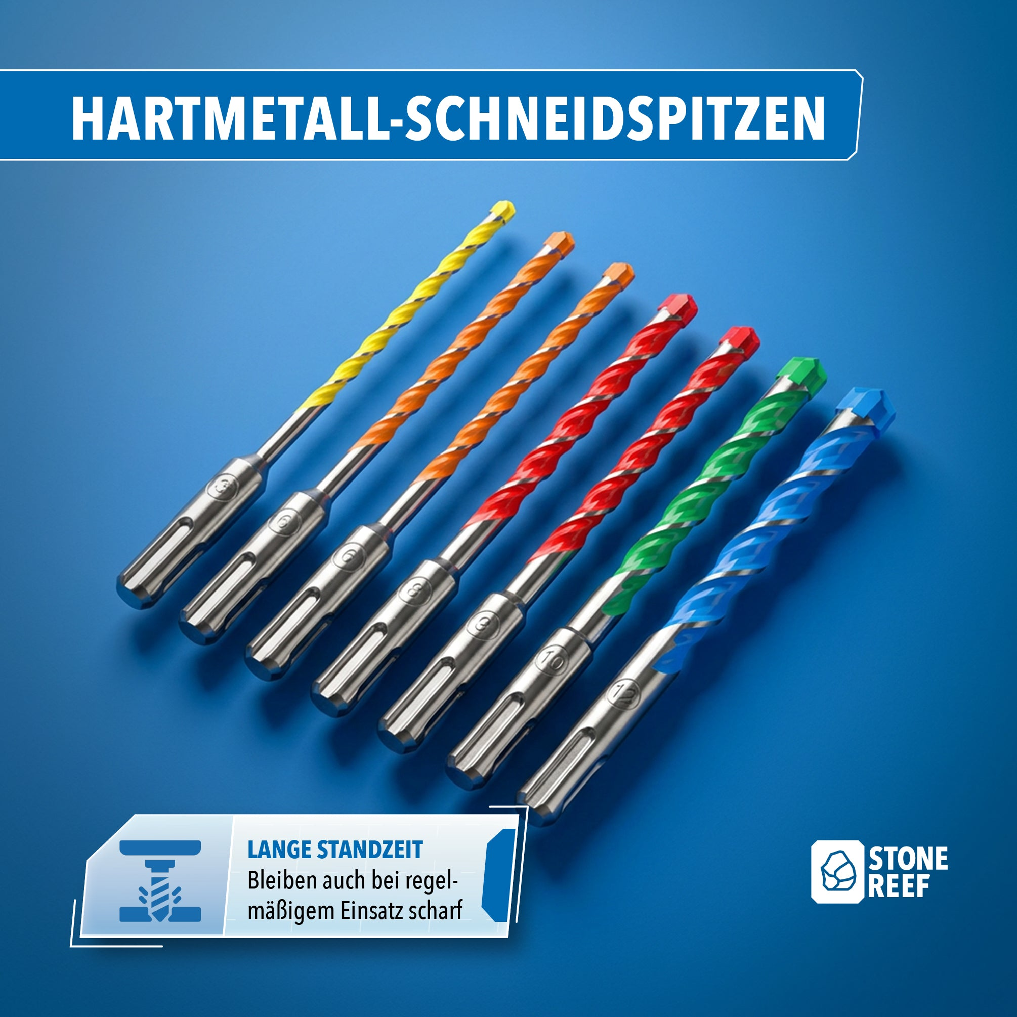 Sieben bunte Hartmetall-Schneidspitzen-Bohrer auf blauem Hintergrund mit deutschem Text.