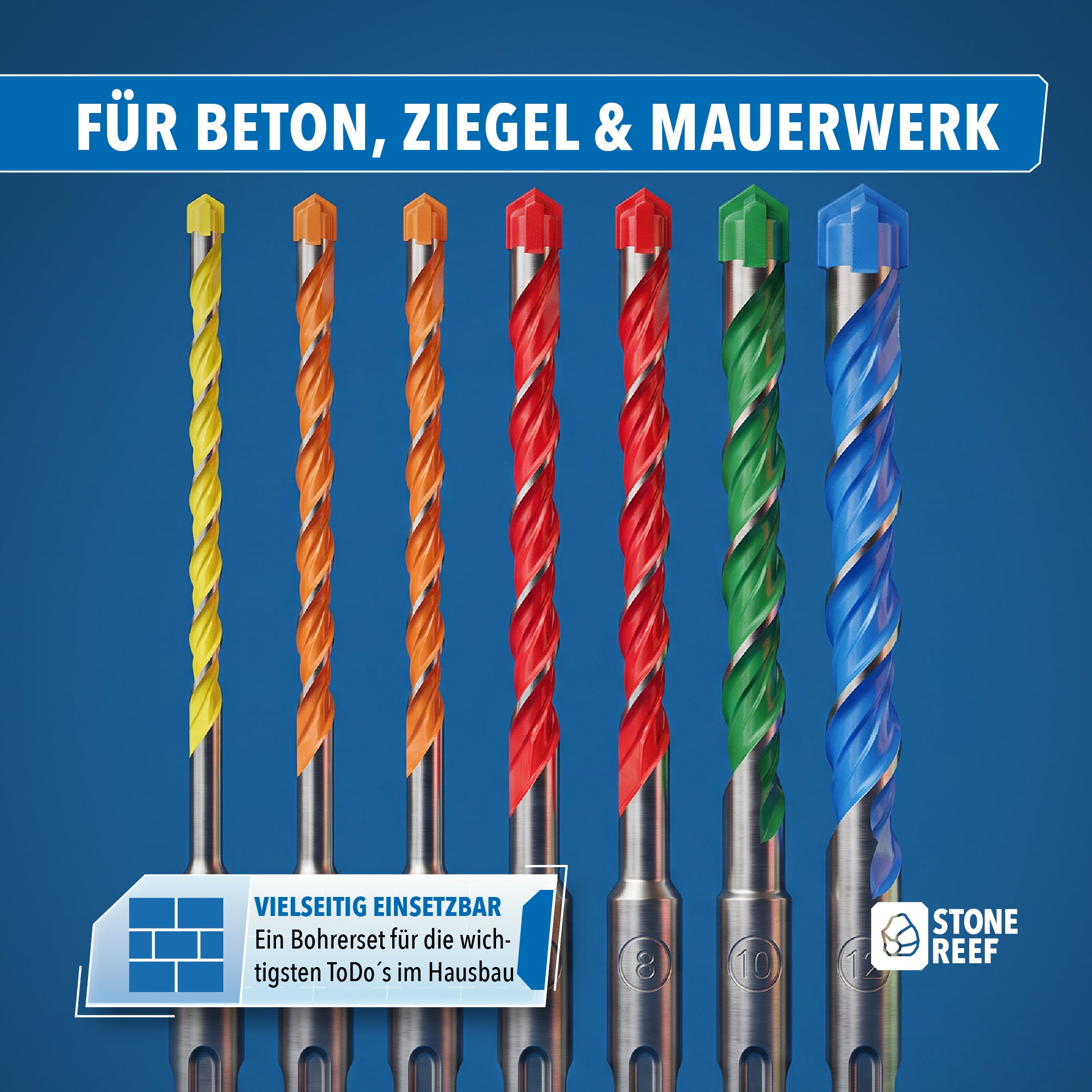 Sieben farbige Steinbohrer vor blauem Hintergrund mit deutschem Werbetext.