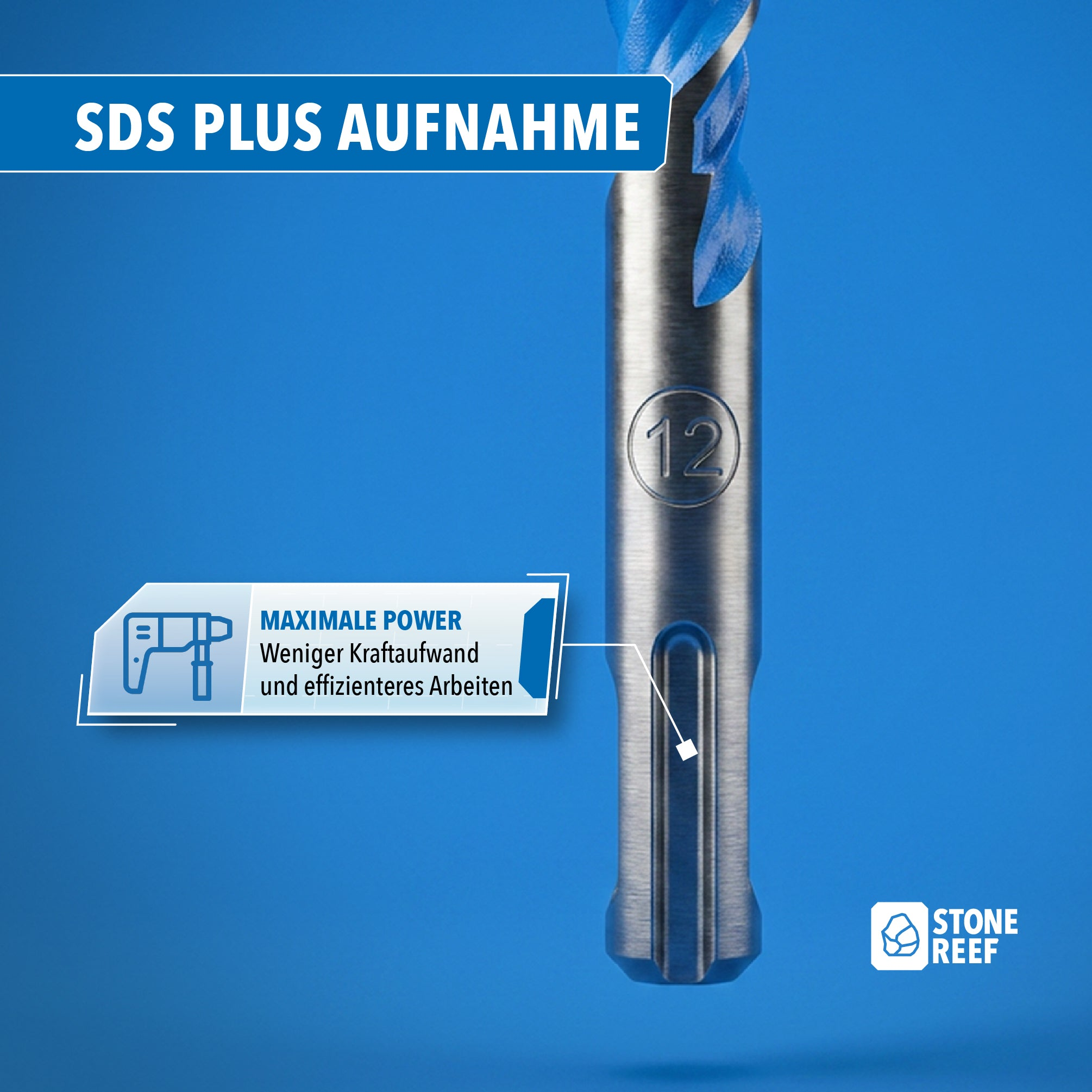 Ein Bohrer mit SDS-Plus-Schaft vor blauem Hintergrund, der maximale Leistungsmerkmale hervorhebt.