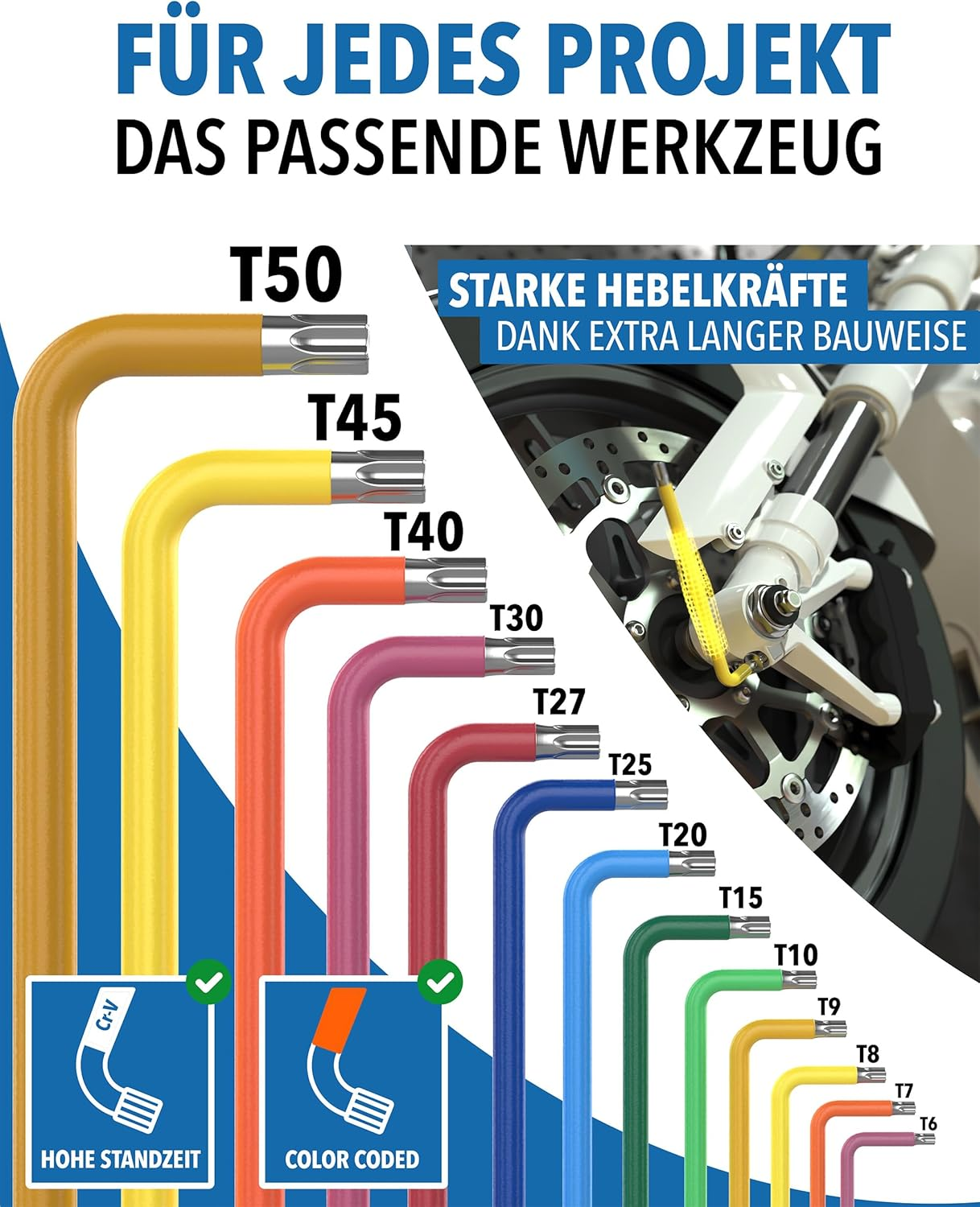 Verschiedenfarbige Torx-Winkelschraubendreher in verschiedenen Größen von T6 bis T50 mit Einsatzbeispiel.