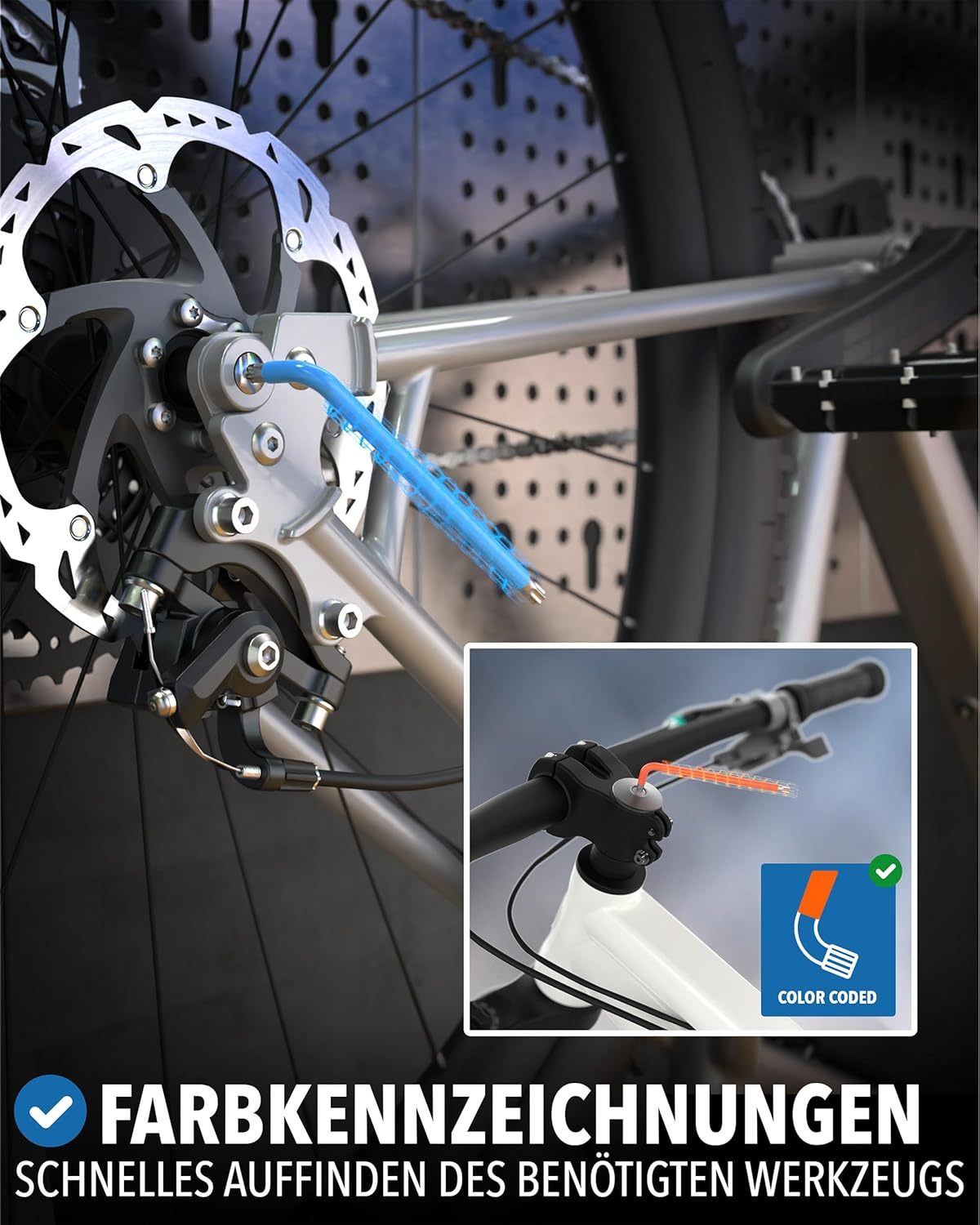 Farbkennzeichnungen am Fahrrad für schnelles Auffinden von Werkzeugen.