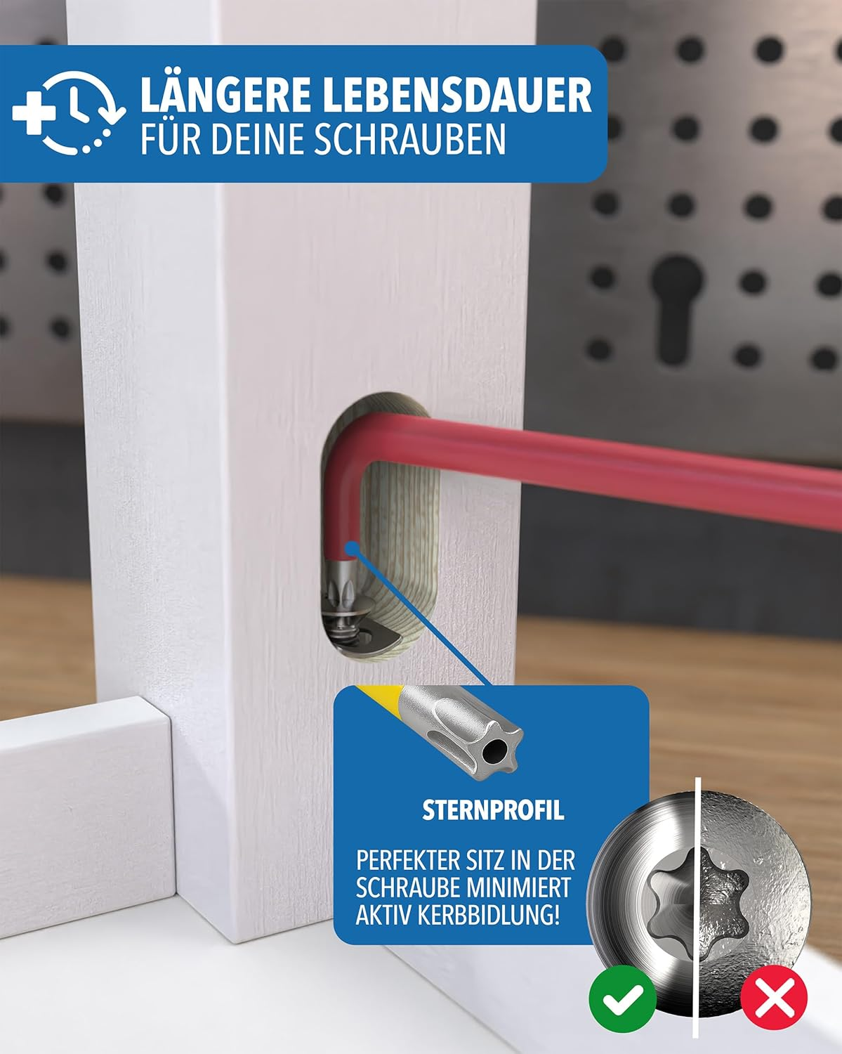 Ein roter Inbusschlüssel zieht eine Schraube in weißem Holz an, mit einem Diagramm.