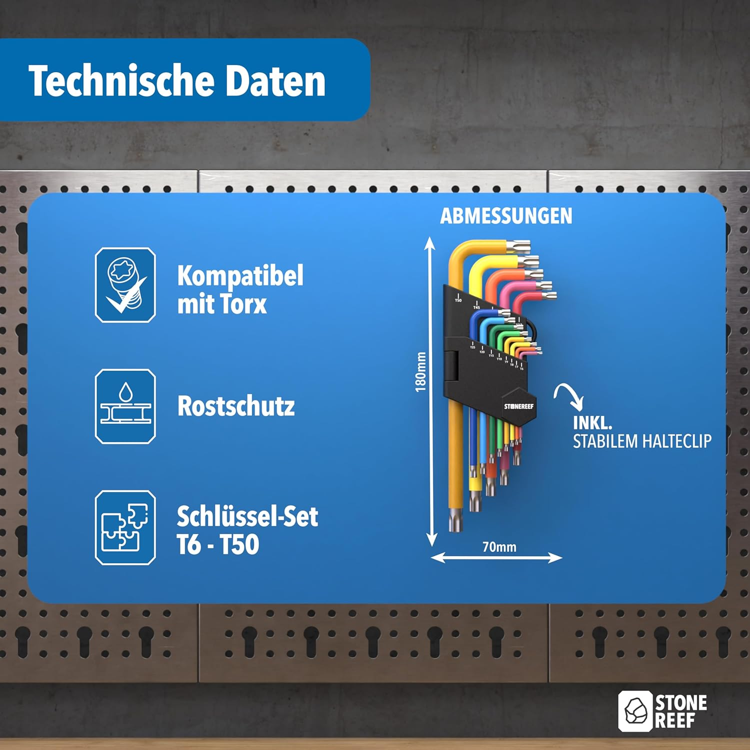 Technische Daten eines Torx-Schlüssel-Sets mit Halteclip, Maßen 180x70mm und Rostschutz.