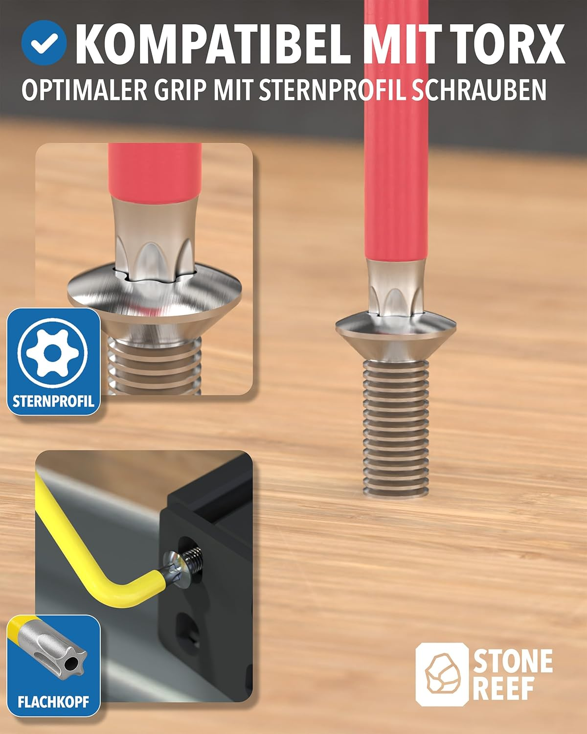 Torx-Schraubendreher mit rotem Griff und Sternprofil-Schraube im Holz.