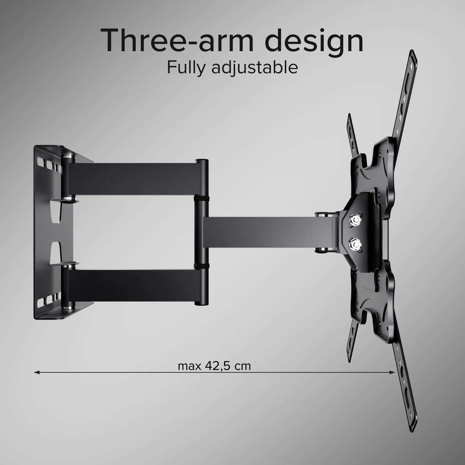 Verstellbare schwarze Drei-Arm-Wandhalterung für Fernseher mit max. 42,5 cm Reichweite.