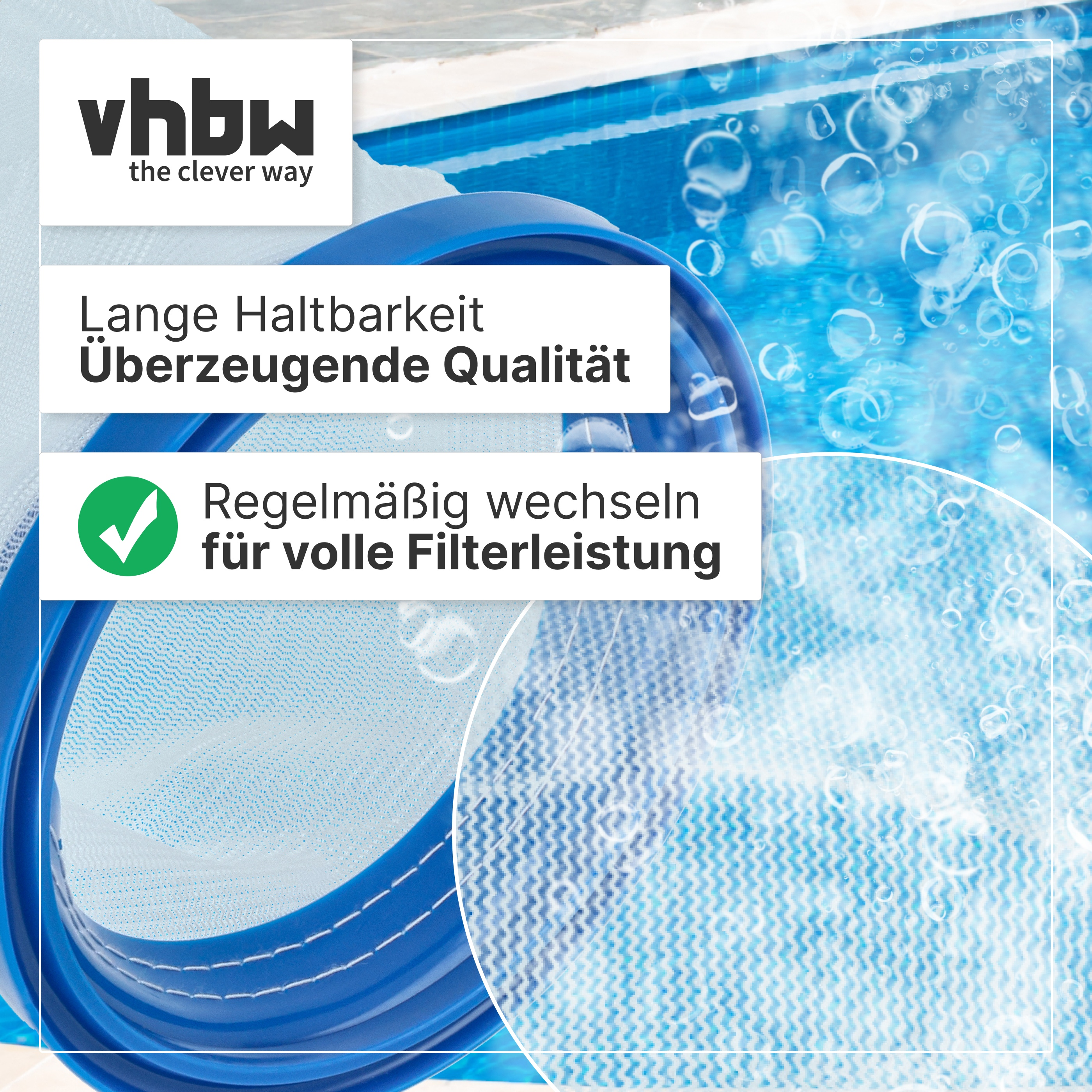 Ein blauer Poolfilter mit Texten von vhbw vor einem Hintergrund aus Wasser und Blasen.