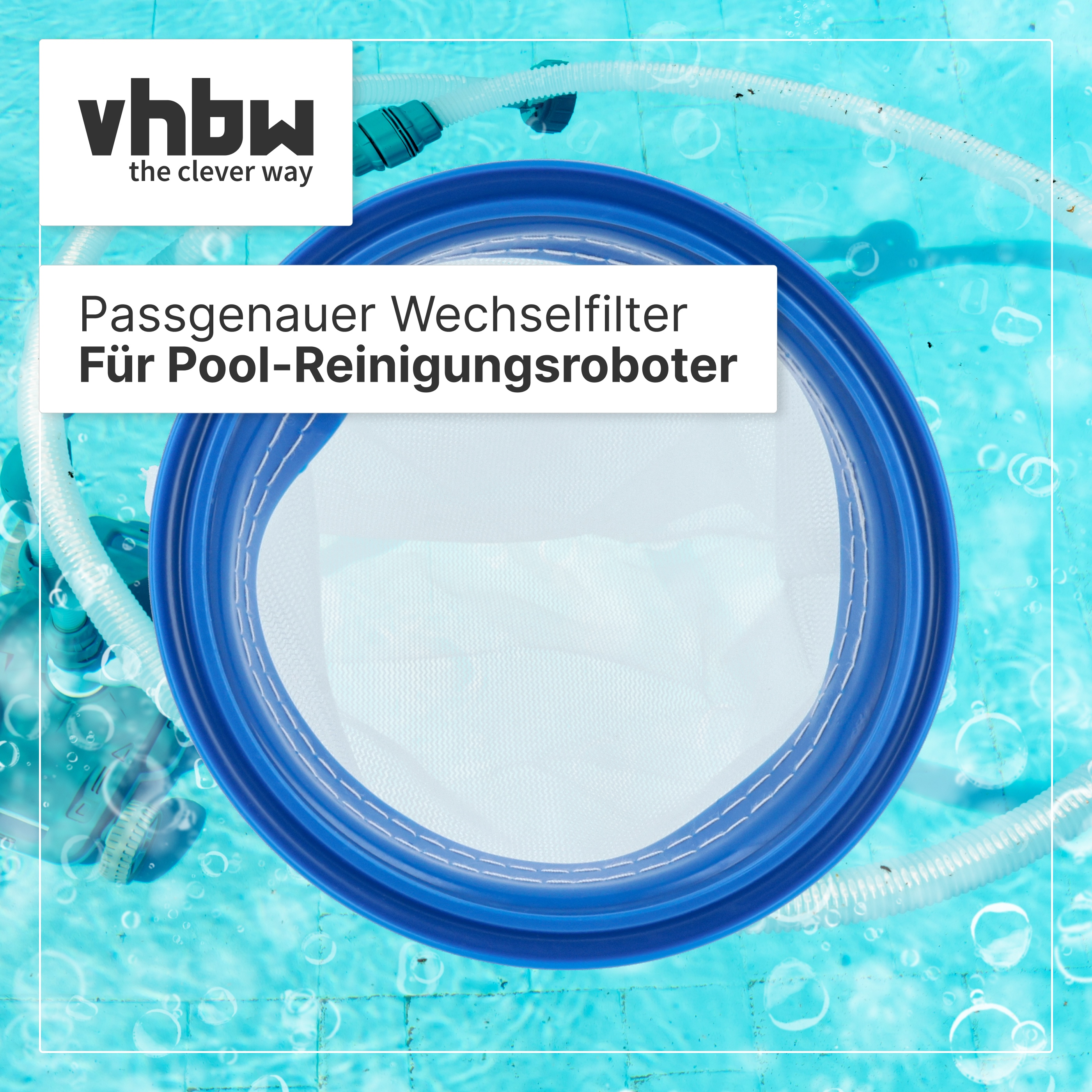 Ein blauer Pool-Ersatzfilter vor einem Hintergrund aus Poolwasser, mit Textfeldern.