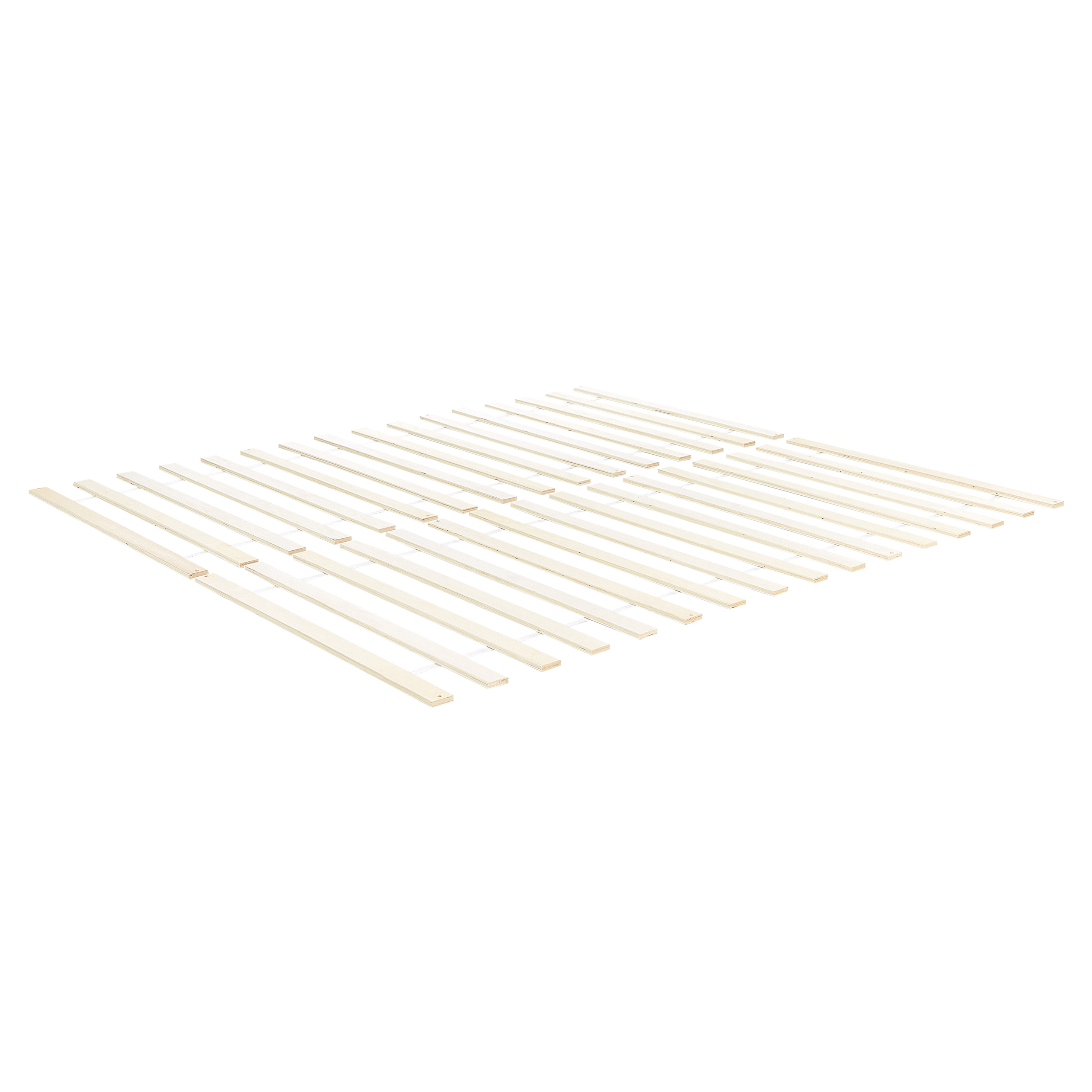 Una base per letto a doghe in legno con doghe collegate su sfondo bianco.