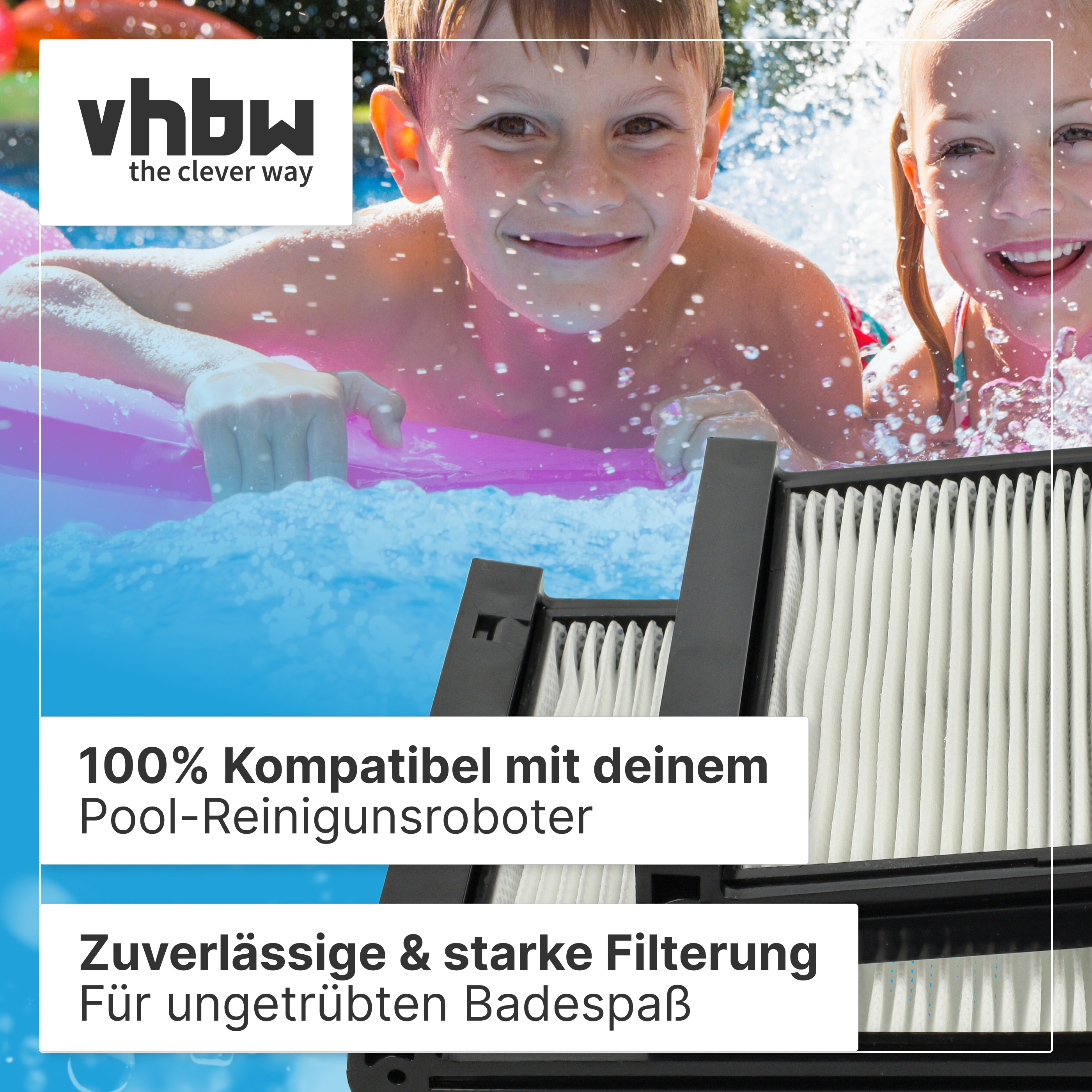 Poolfilter und spielende Kinder im Hintergrund mit Textüberlagerung.