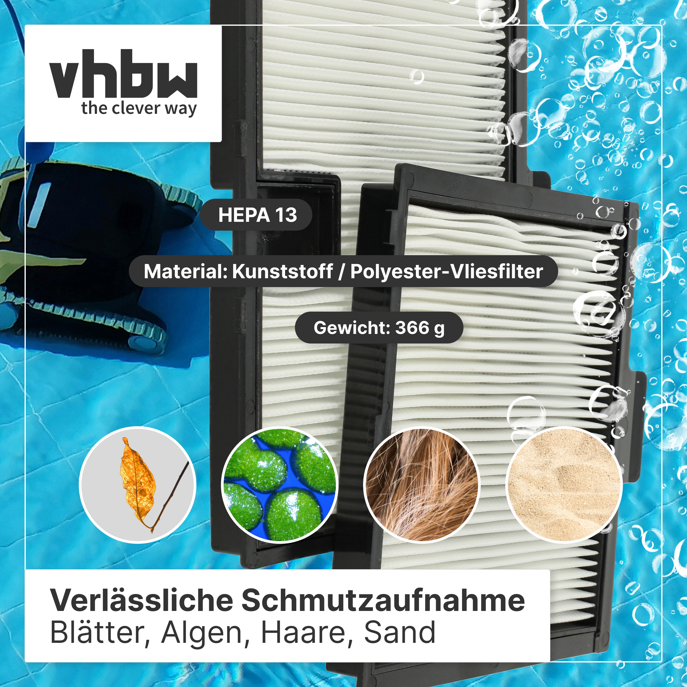 Zwei HEPA 13 Filter für den Poolroboter gegen Blätter, Algen, Haare und Sand.