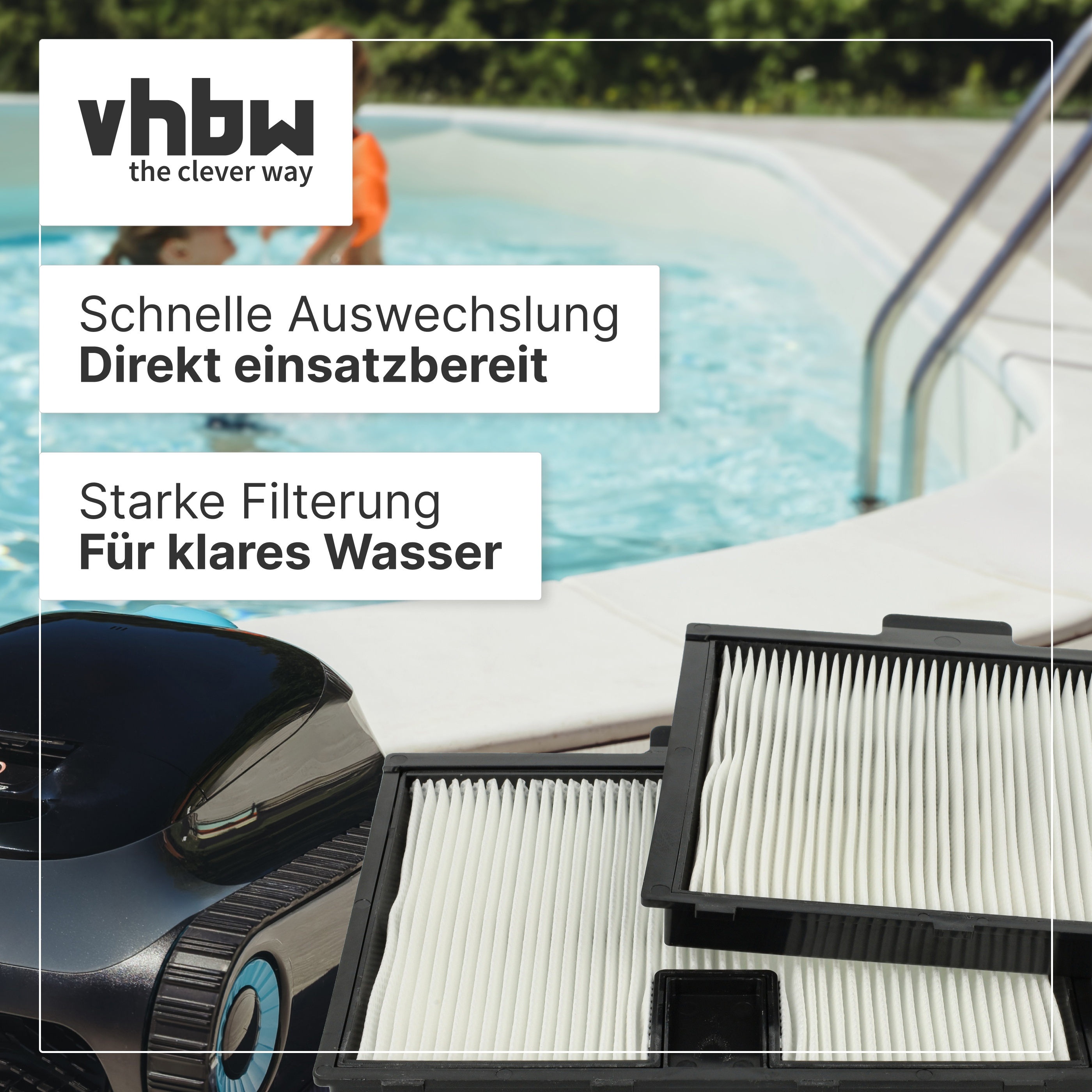 Poolfilter und Reiniger am Poolrand mit Textoverlay.