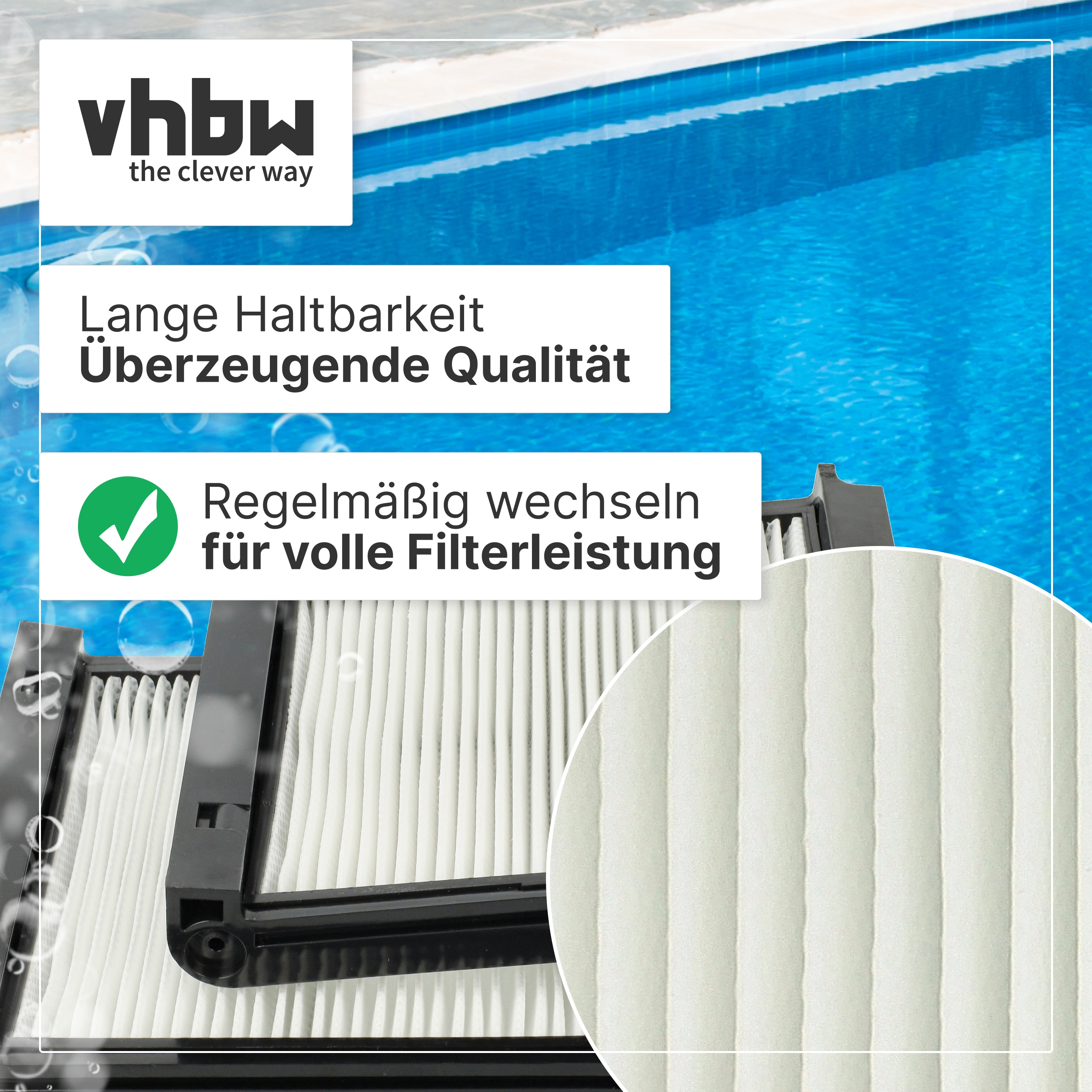 Poolfilter mit Texttafeln und Vhbw-Logo vor blauem Wasser.