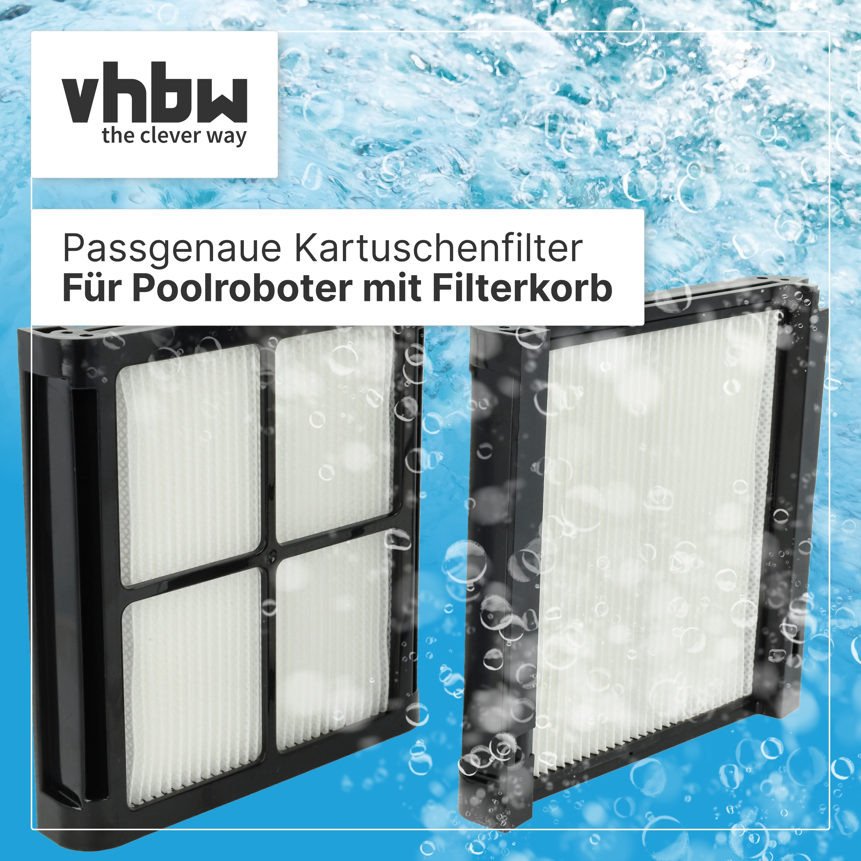 Zwei schwarze Poolroboter-Filterkartuschen mit weißem Filtergewebe vor blauem Hintergrund mit Wassertropfen.