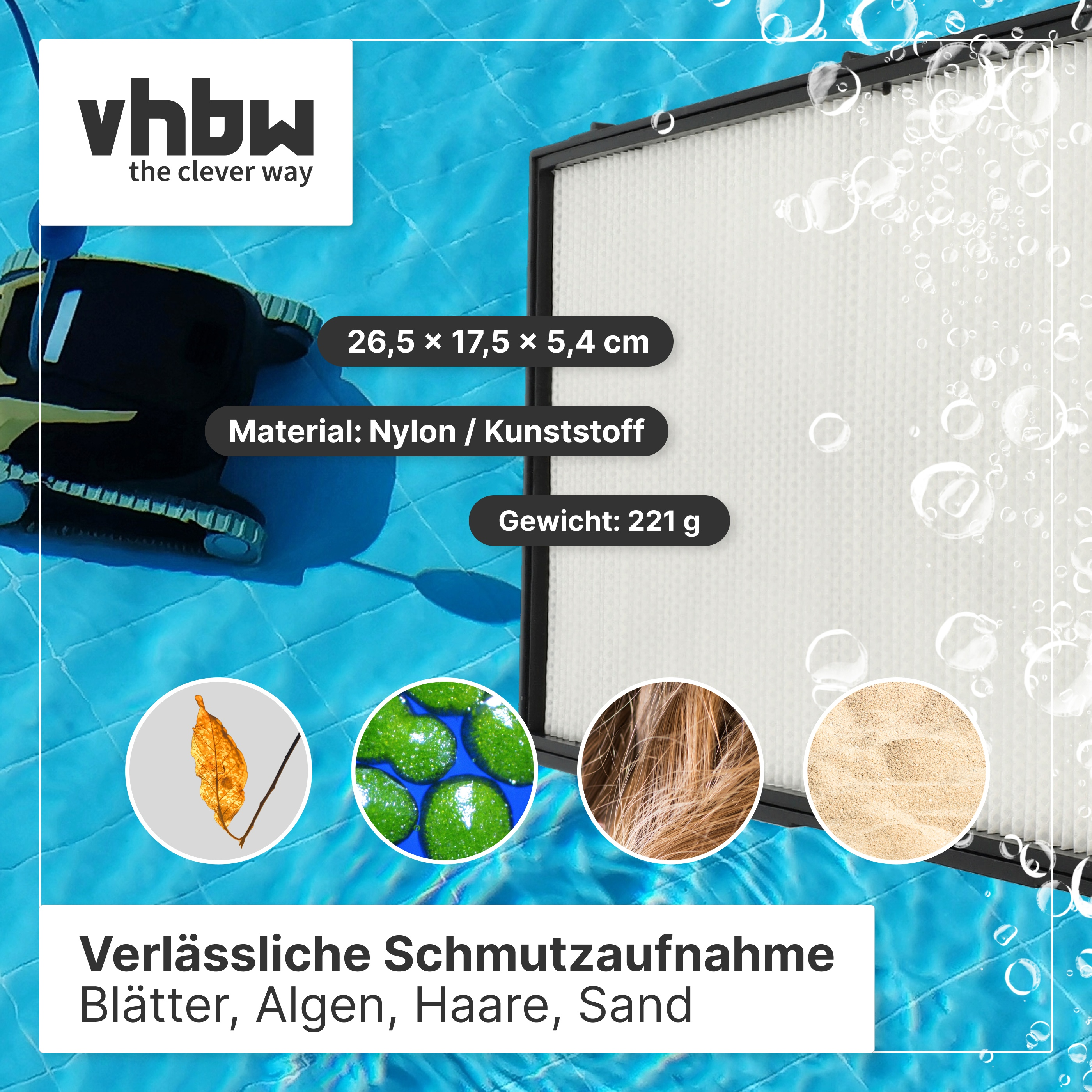 Filter und Reiniger vor Pool-Hintergrund mit Icons für Schmutz wie Blätter, Algen, Haare und Sand.