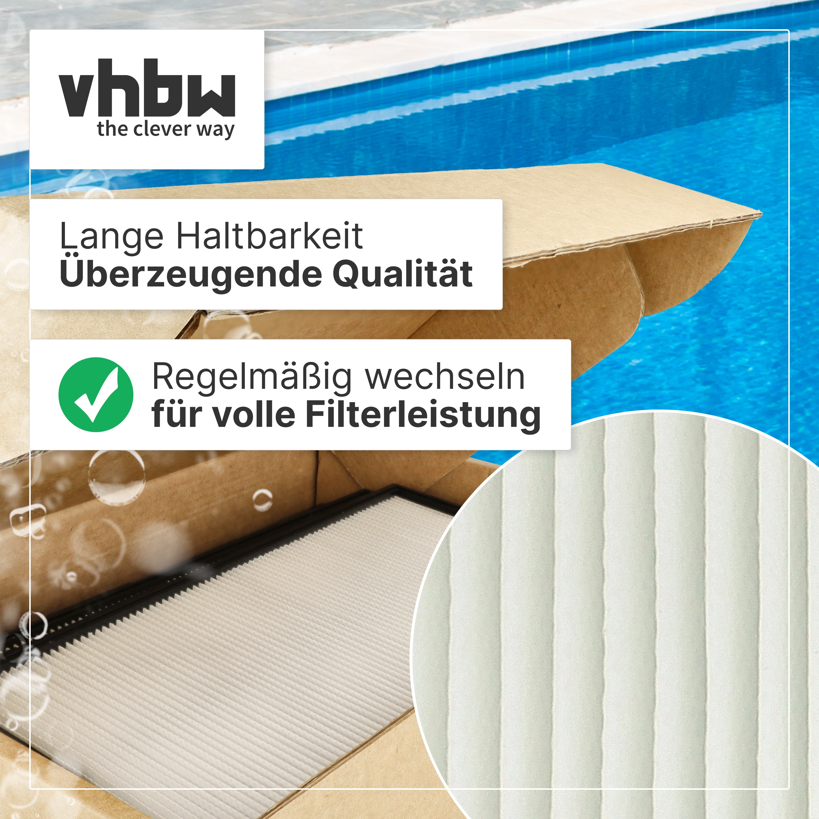 Ein offener Karton mit einem weißen Filter vor einem blauen Pool und Text.