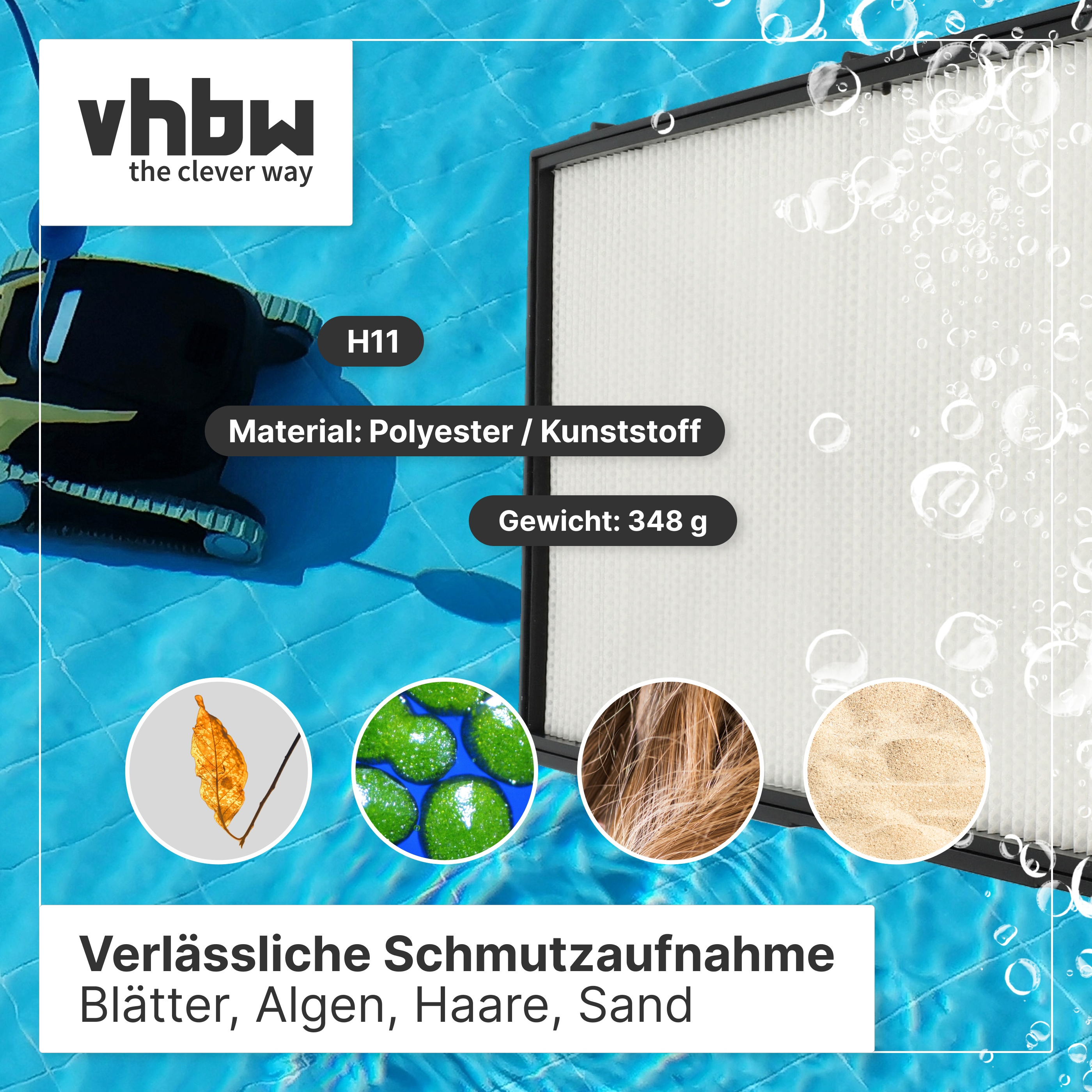 Filter mit Vhbw-Logo, Roboter und Blasen. Erfasst Blätter, Algen, Haare und Sand.