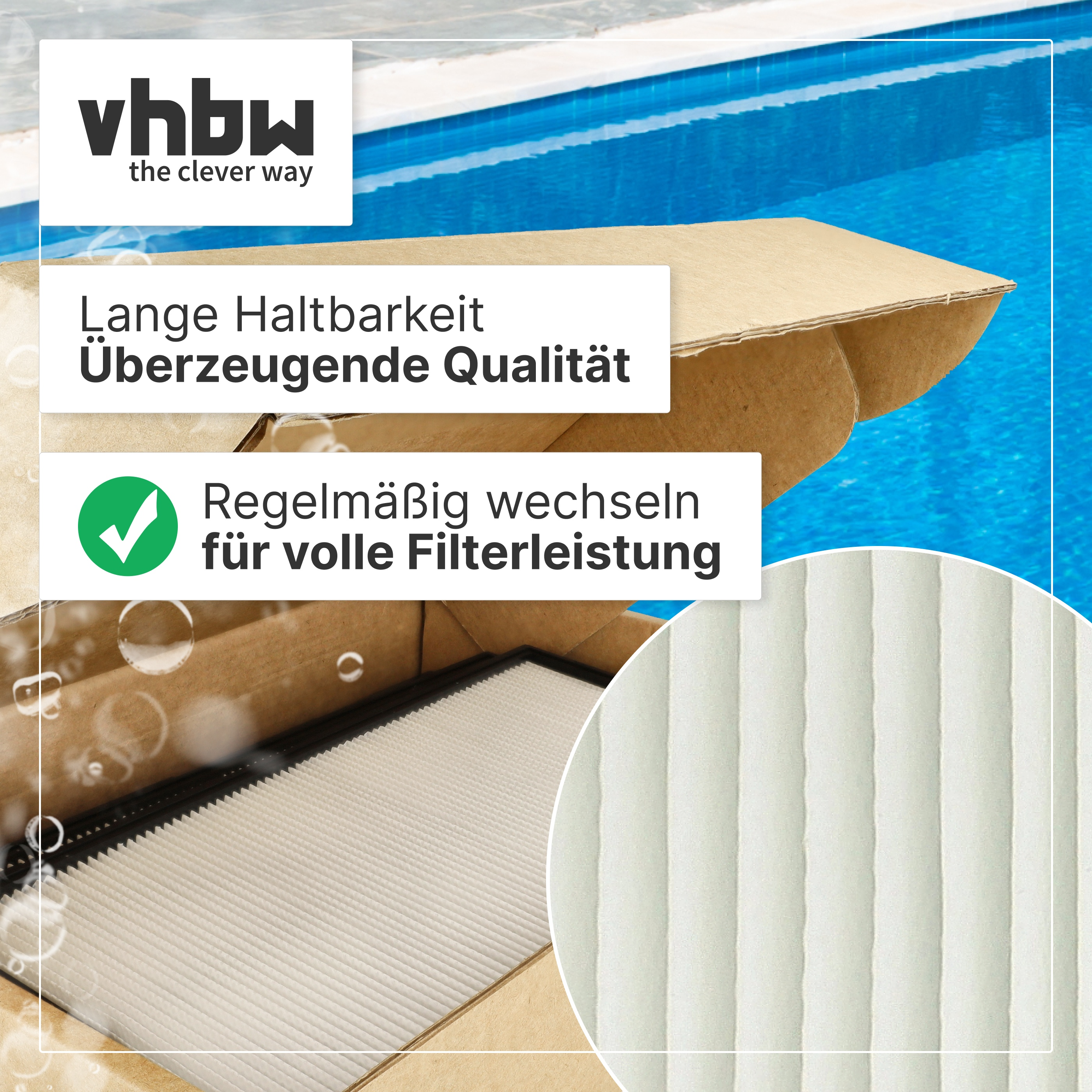 Ein weißer Poolfilter in einem Karton vor einem blauen Pool, mit Text und VhbW-Logo.
