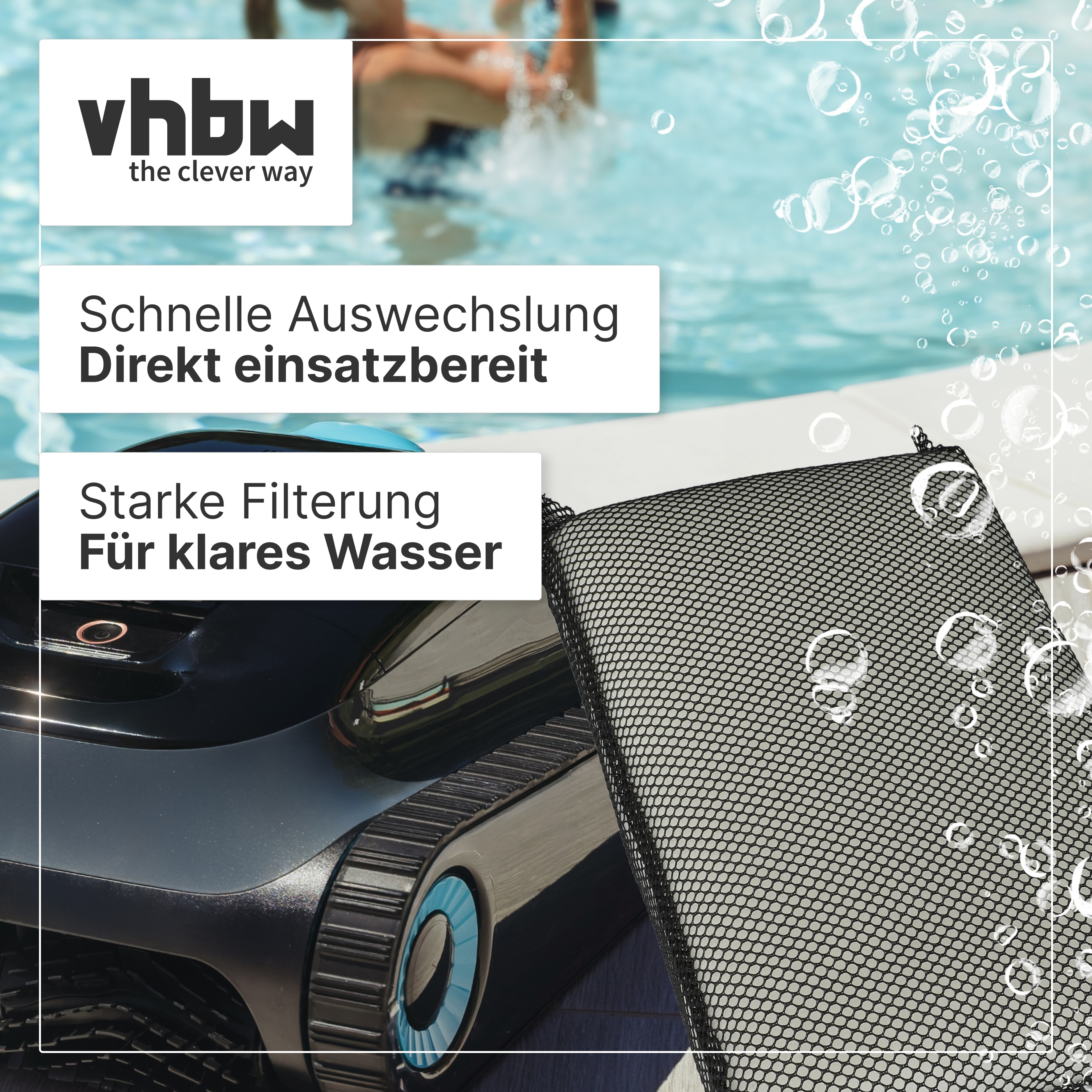 Poolreiniger und Filterbeutel am Pool mit Blasen und Textfeldern.