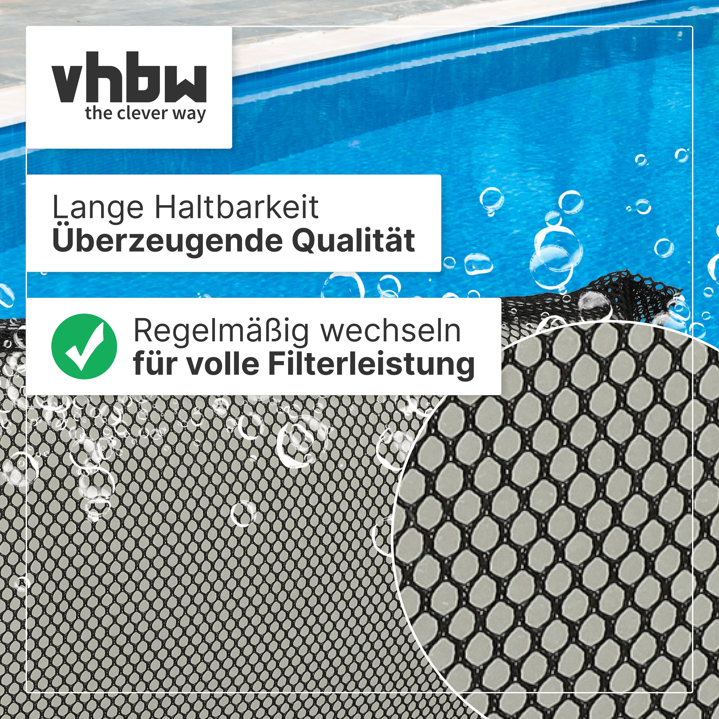 Werbebild für Poolfilter mit Vhbw Logo und Text auf blauem Hintergrund mit Wasserblasen.