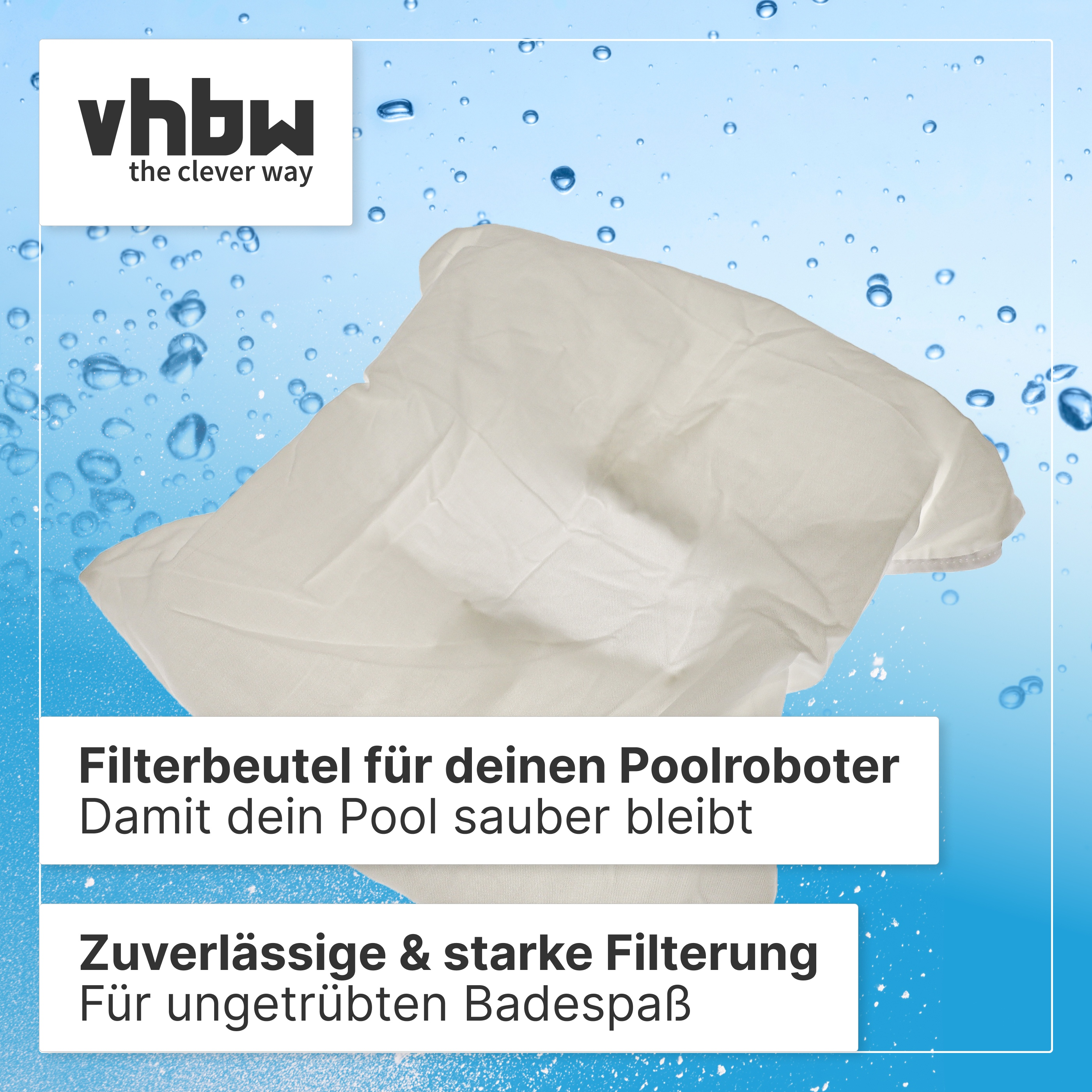 Weißer Filterbeutel für Poolroboter vor blauem Hintergrund mit Wassertropfen und Text.