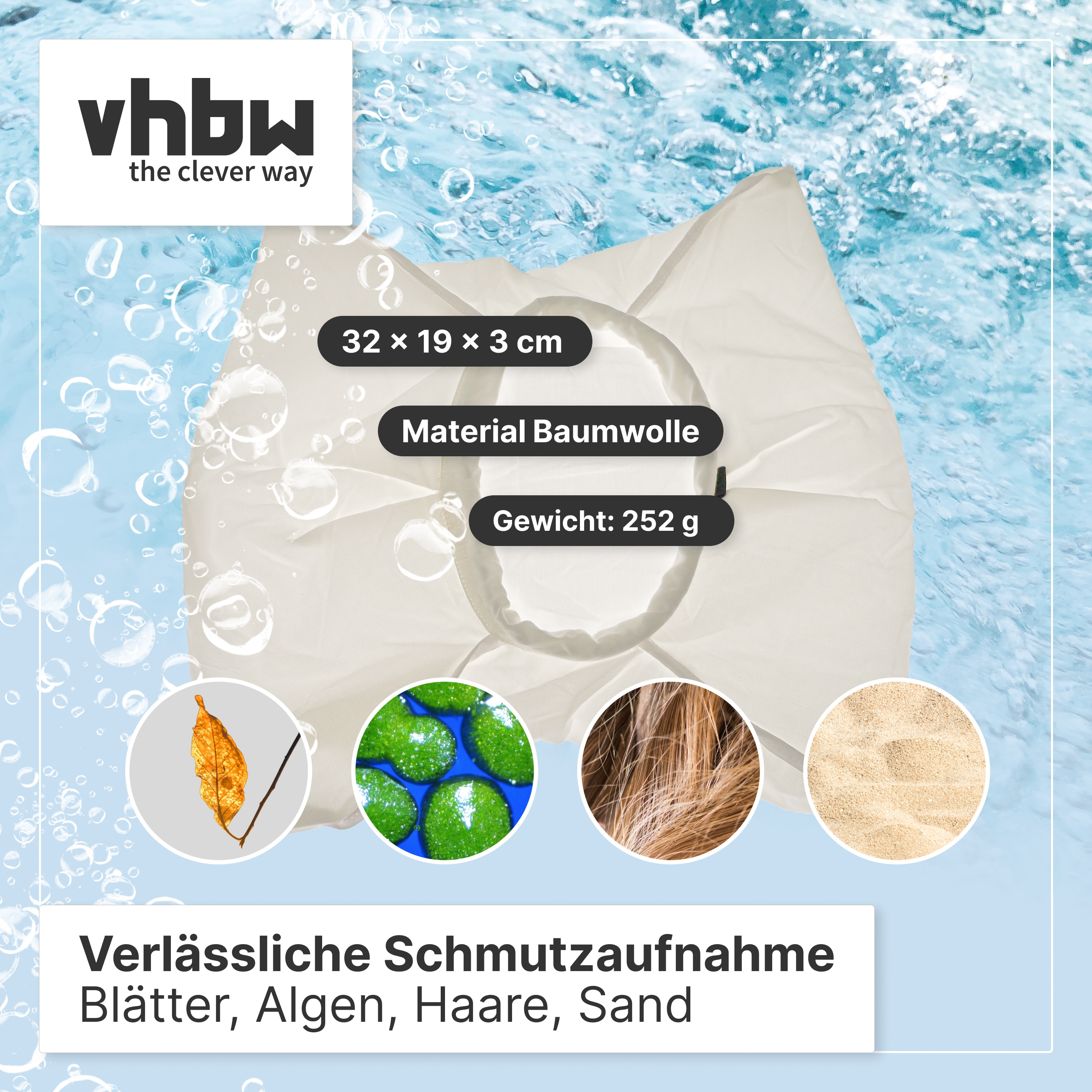 Weißes Pool-Skimmernetz auf Wasserhintergrund mit Produktdetails und Symbolen für Blätter, Algen, Haare und Sand.