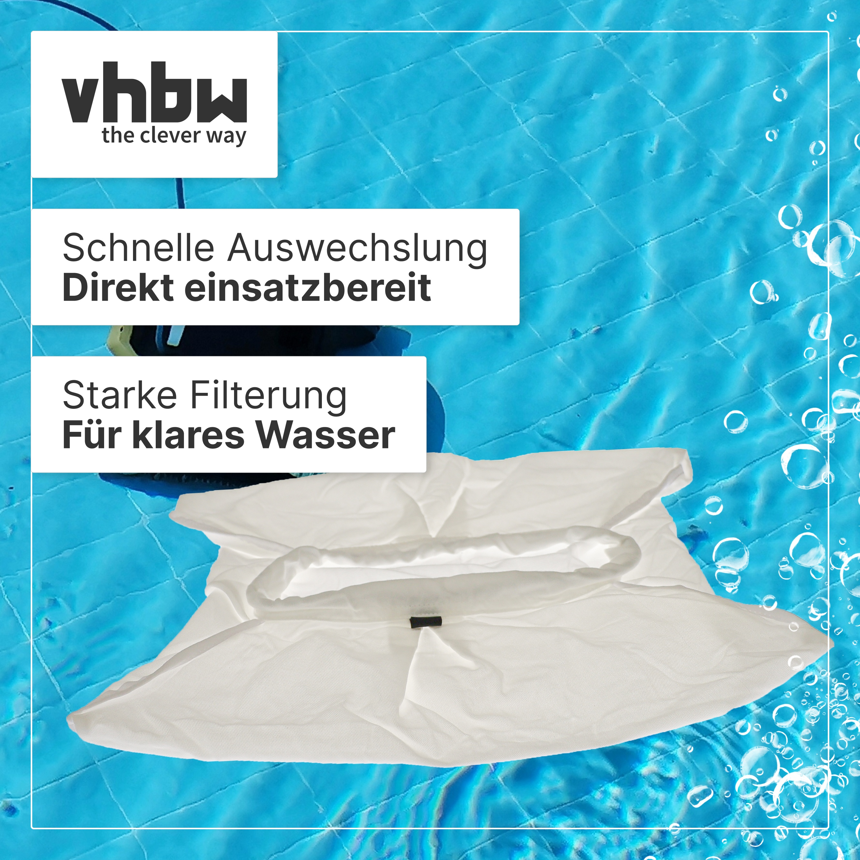 Weißer Poolfilterbeutel vor blauem Poolwasser mit vhbw Logo und Text.
