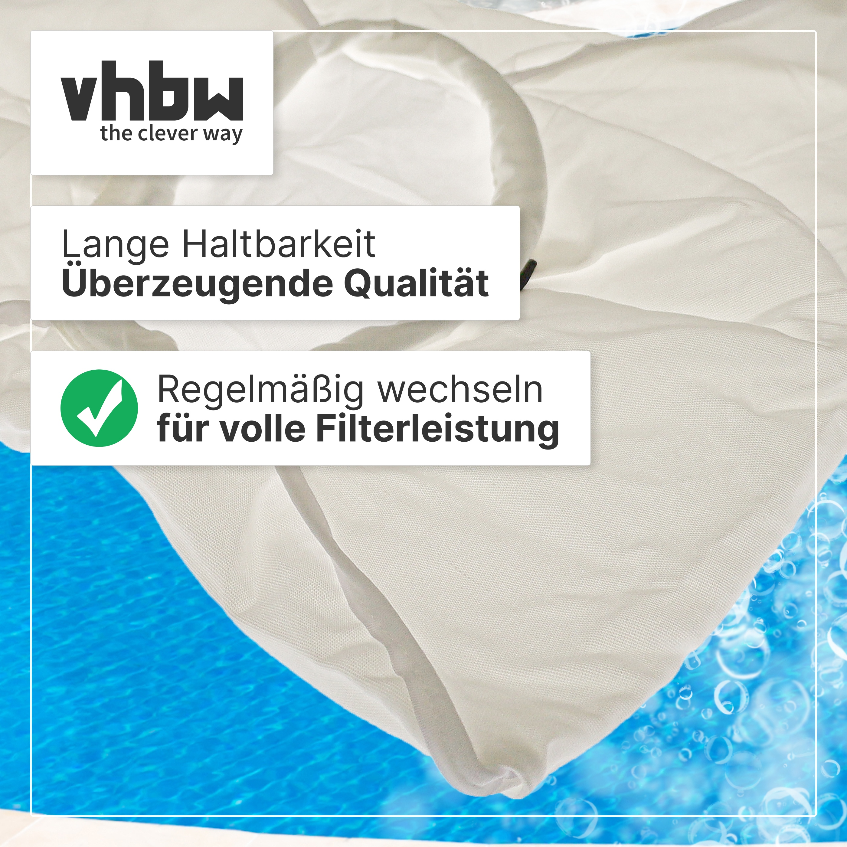 Weißer Pool-Filterbeutel über blauem Wasser mit vhbw-Logo und deutschen Werbetexten.