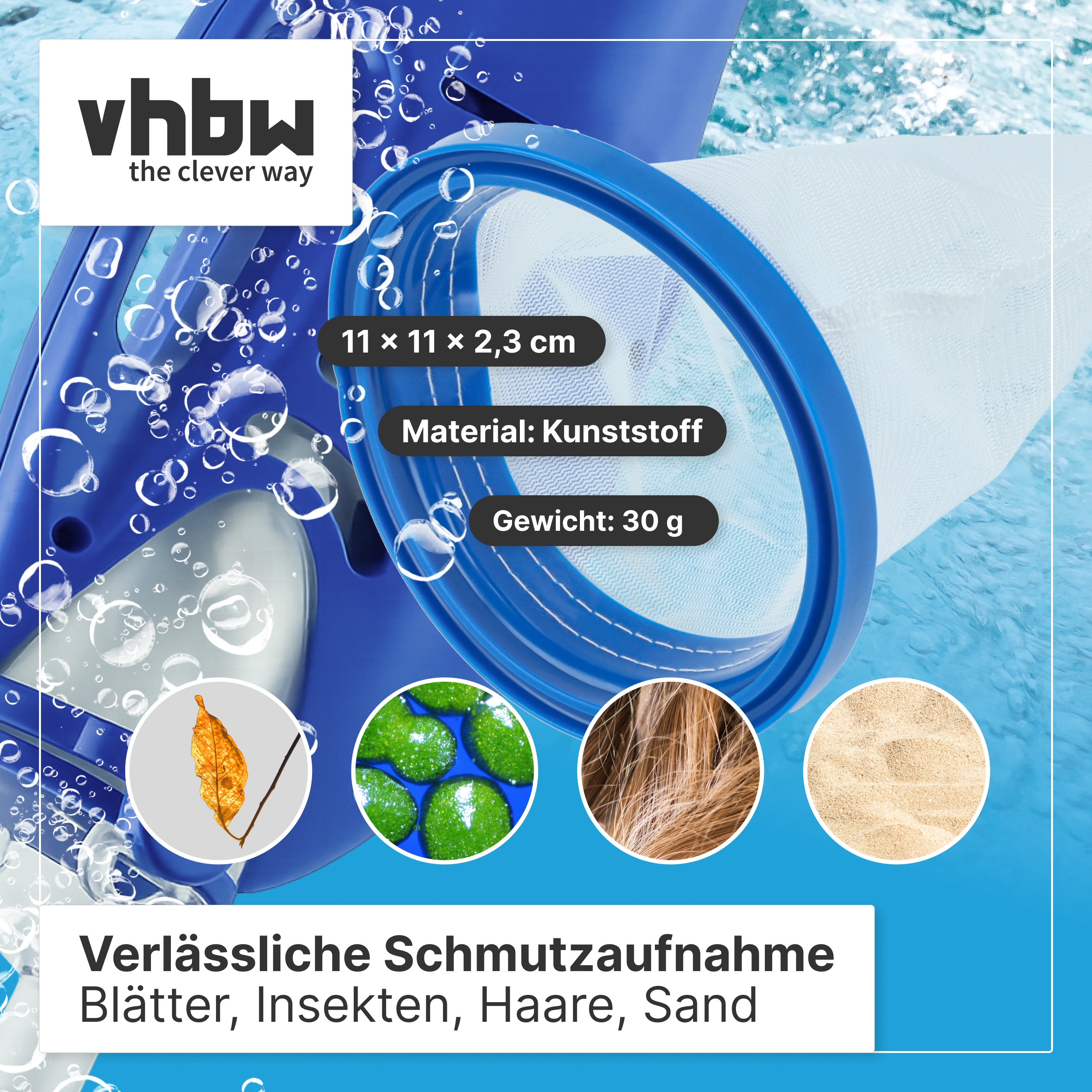 Ein blauer Pool-Kescher mit Netz und Textboxen zeigt Maßangaben und aufgenommene Verschmutzungen wie Blätter und Sand.