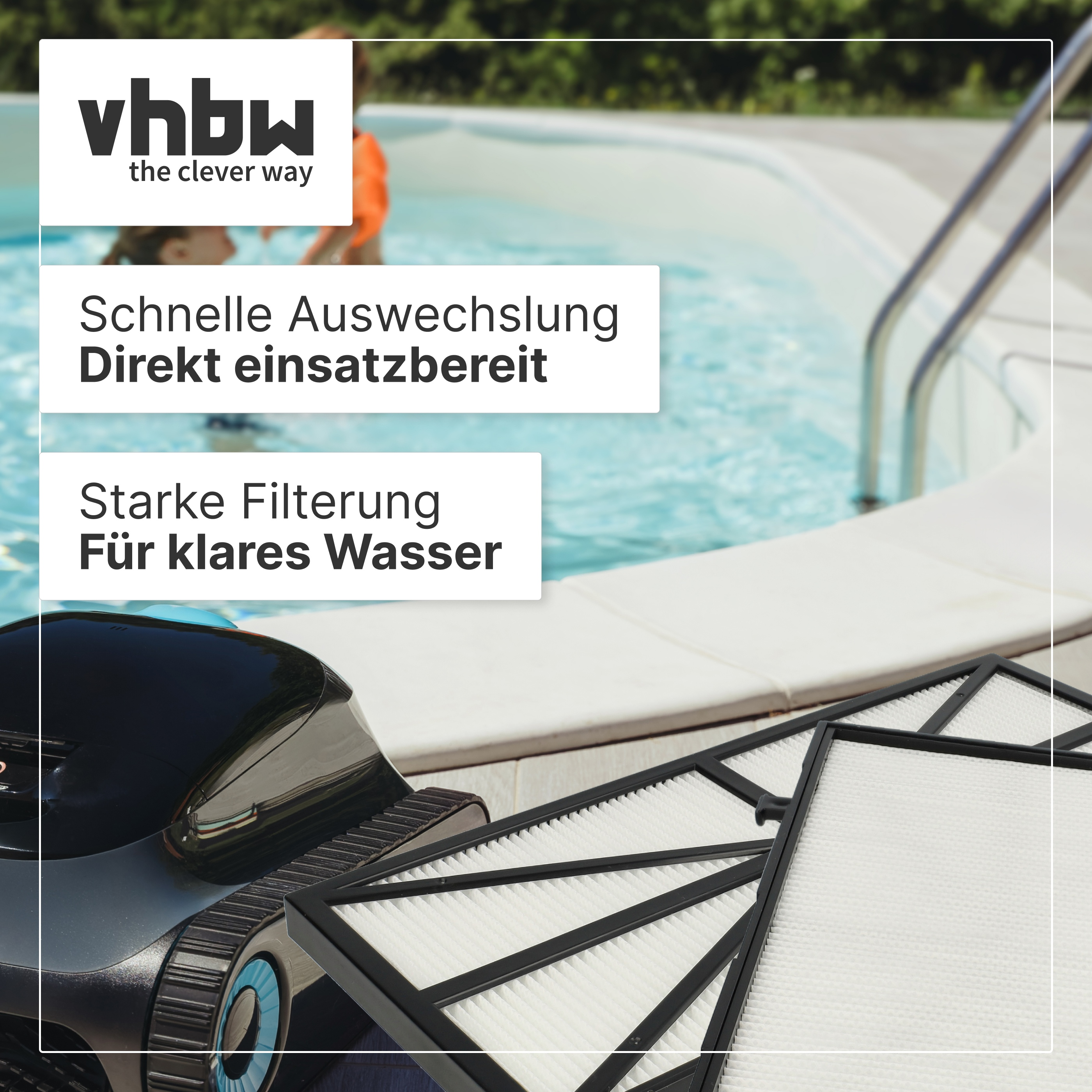 Poolfilter und Roboterreiniger an einem Außenpool mit deutschem Text und Logo.