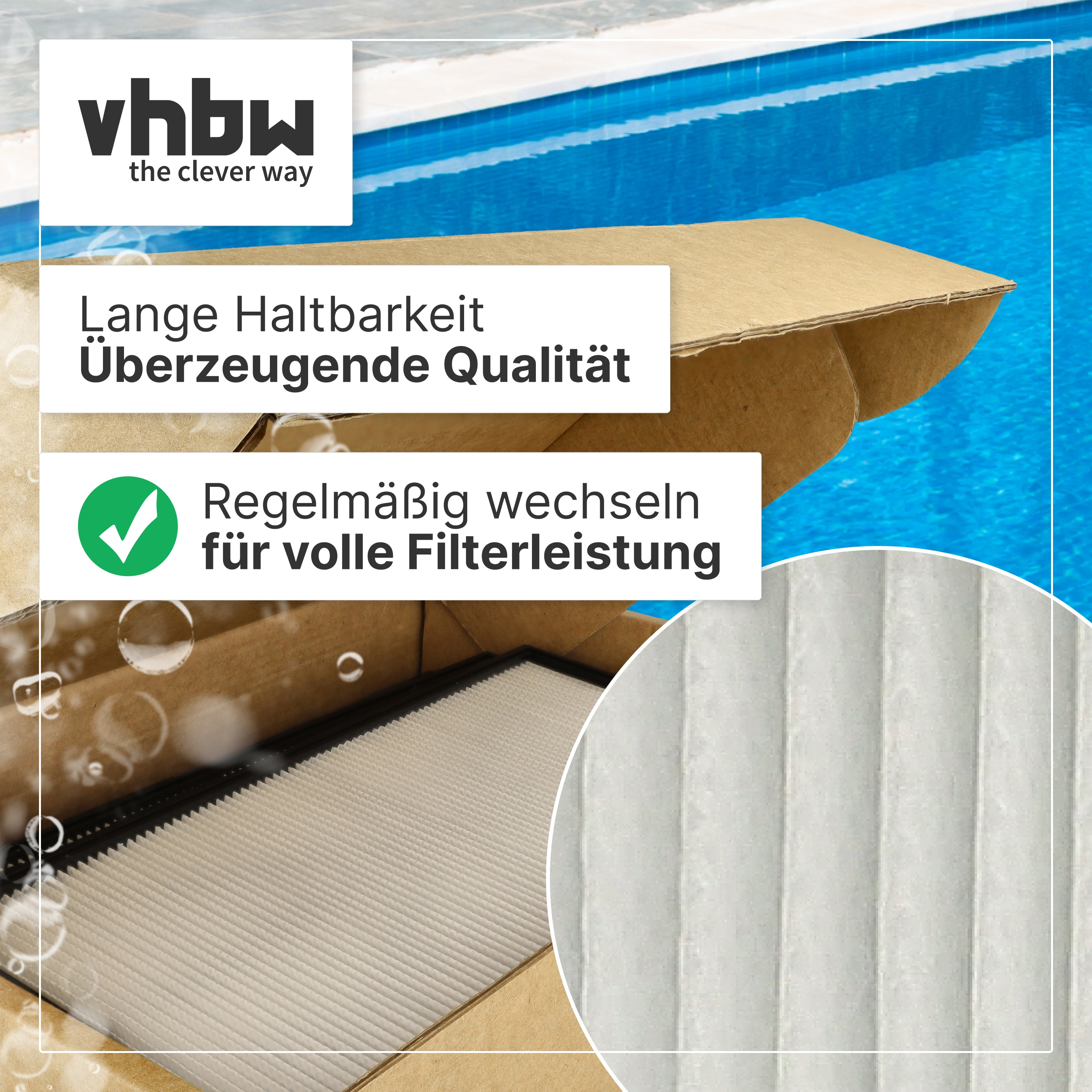Ein Filter in einer Schachtel vor einem blauen Pool mit vhbw Logo und Text.