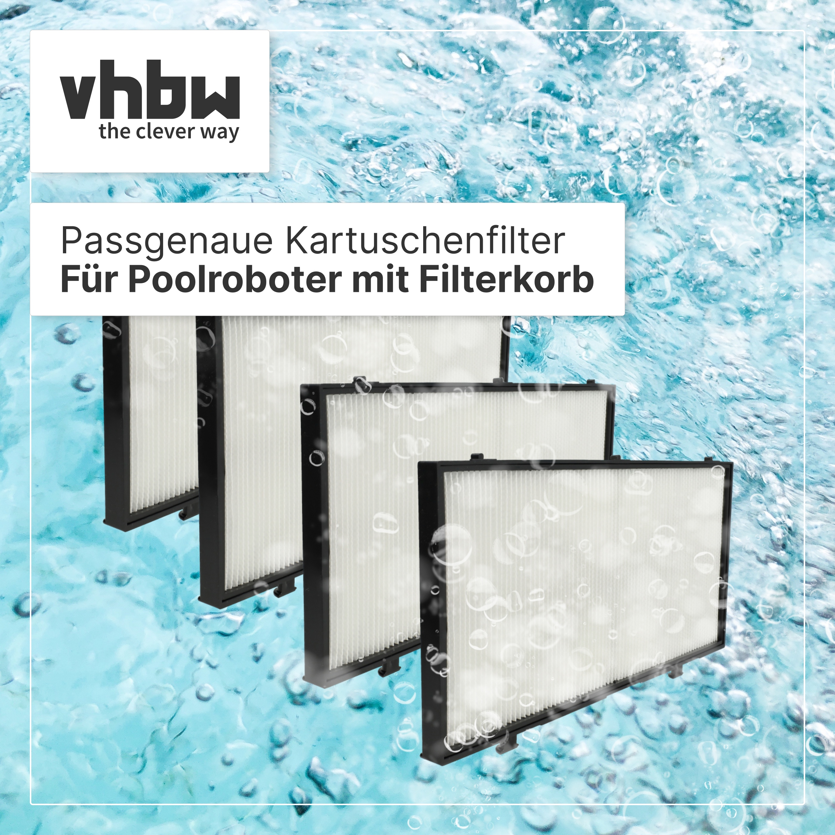 Vier rechteckige Poolfilter vor einem Hintergrund aus klarem, sprudelndem Wasser.