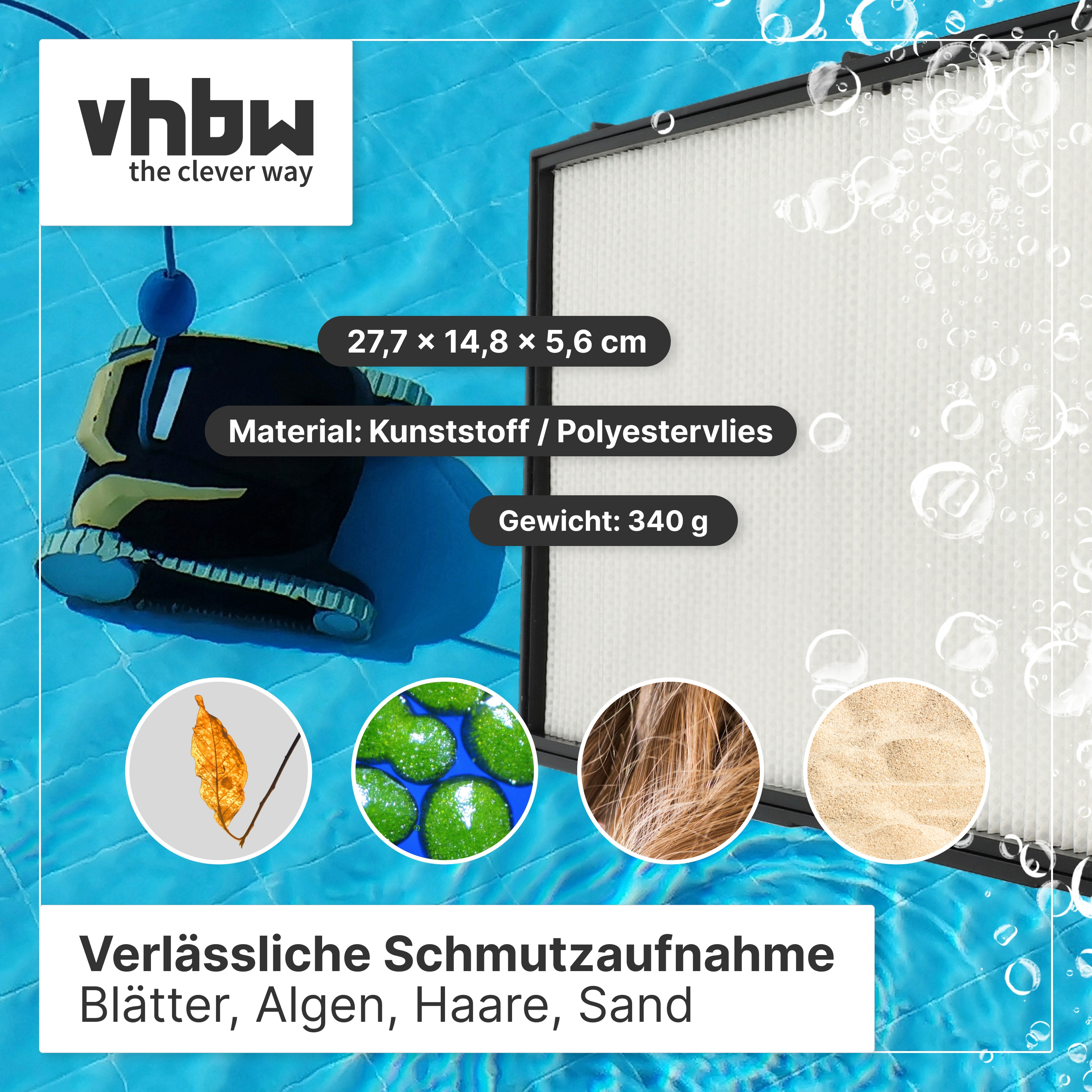 Filter und Reiniger für Pools mit Maßangaben und Symbolen für Blätter, Algen, Haare und Sand.