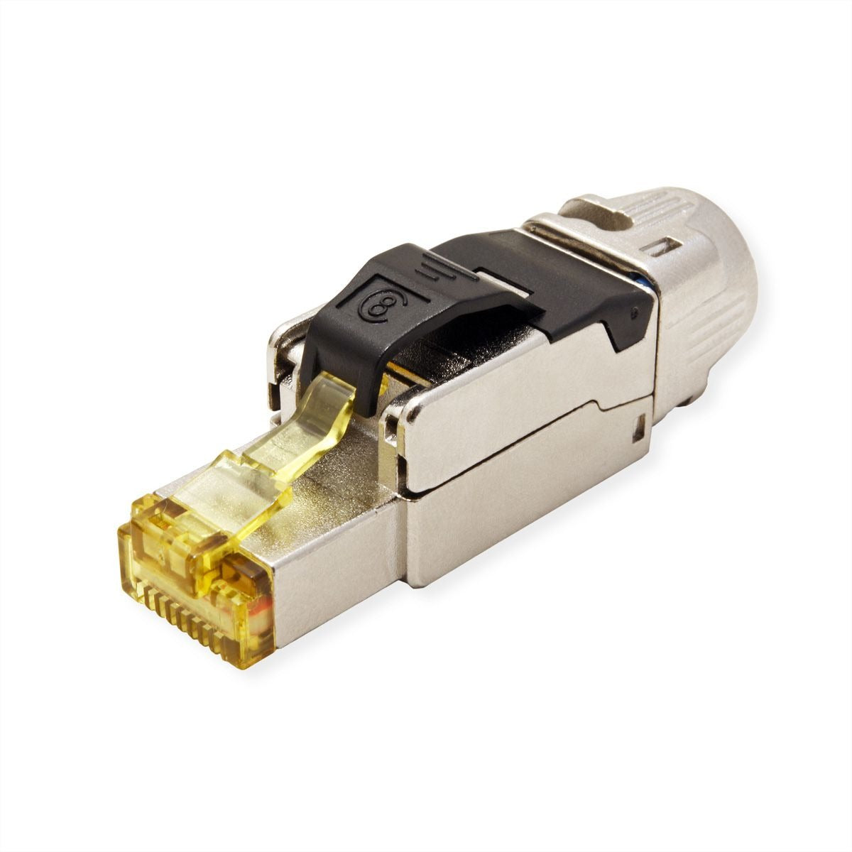 Ein silberner RJ45-Ethernet-Stecker mit schwarzem Clip und transparenter gelber Schutzkappe auf weißem Hintergrund.