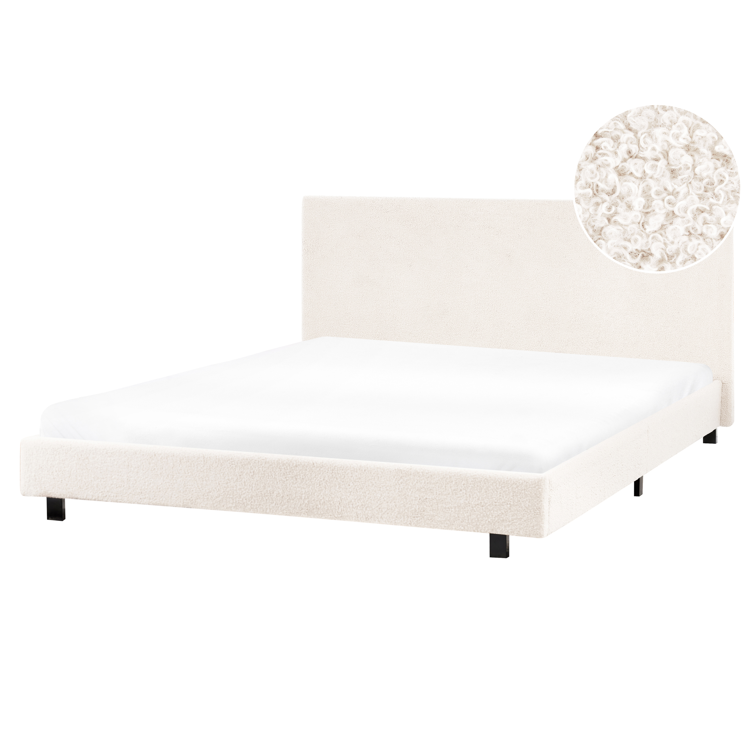 Un letto imbottito beige con gambe nere e uno zoom circolare del tessuto testurizzato.