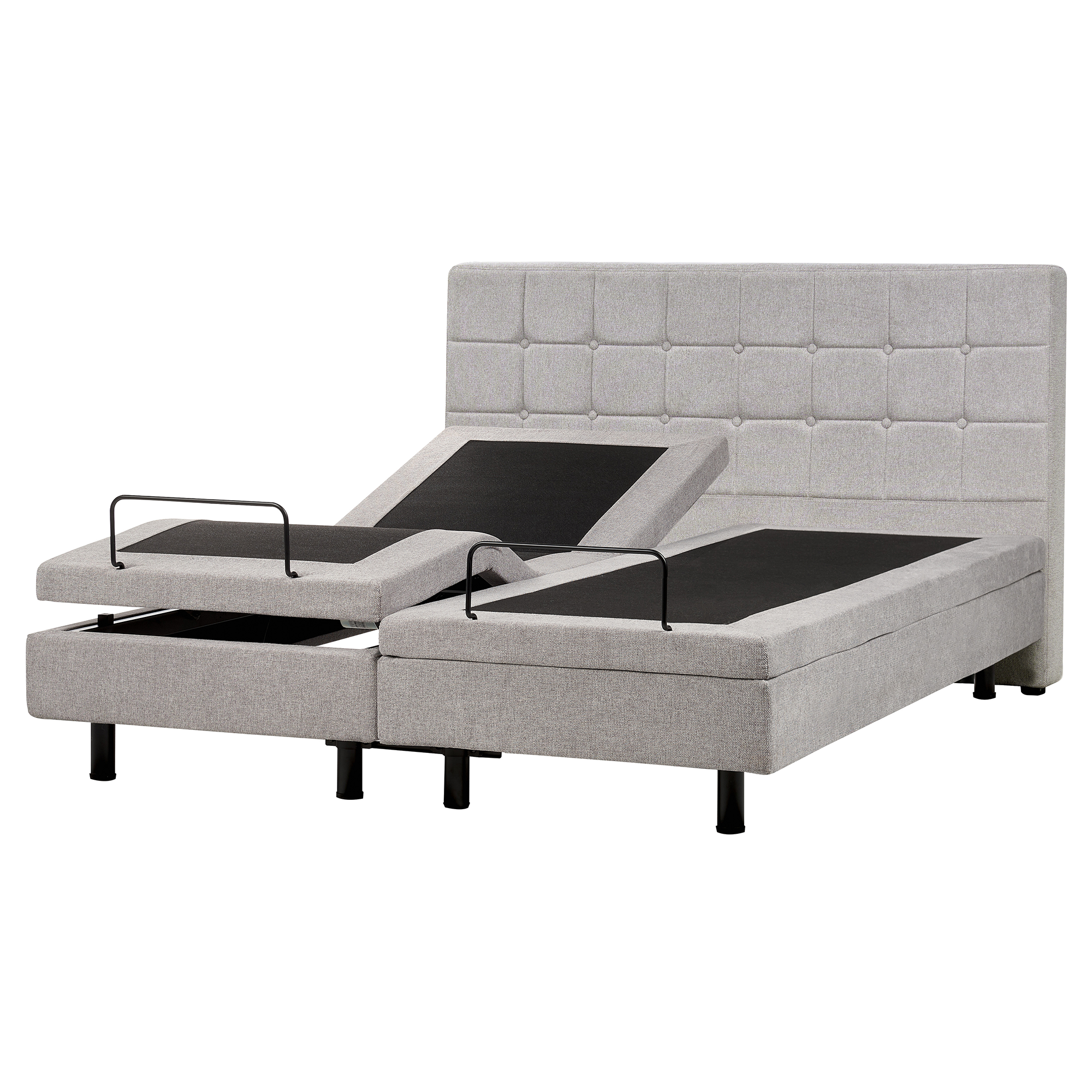 Letto regolabile grigio chiaro con testiera capitonné e gambe in metallo nero.
