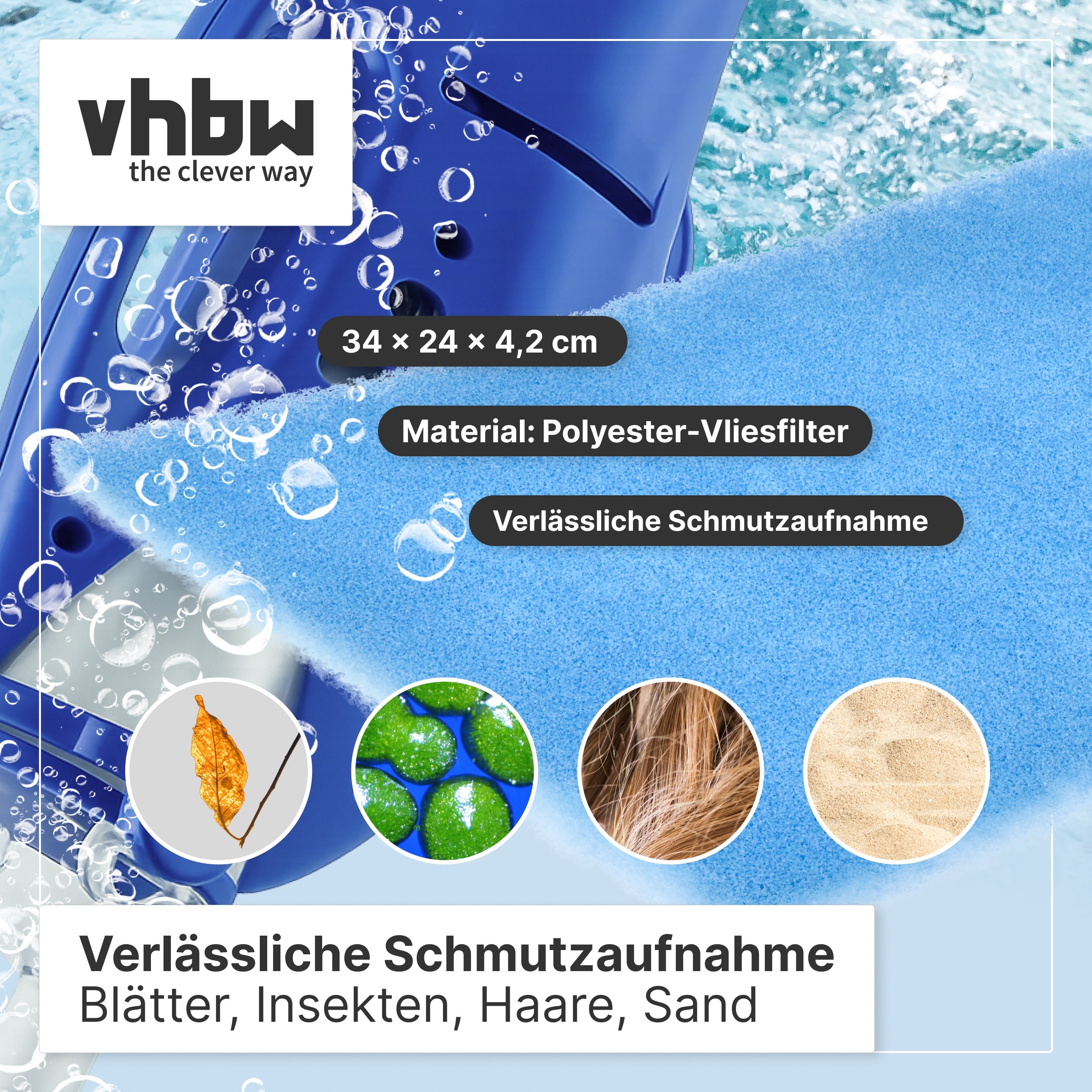 Produktwerbung für blauen Poolfilter mit Polyester-Vlies, zeigt Maße und Schmutzarten wie Blätter und Sand.