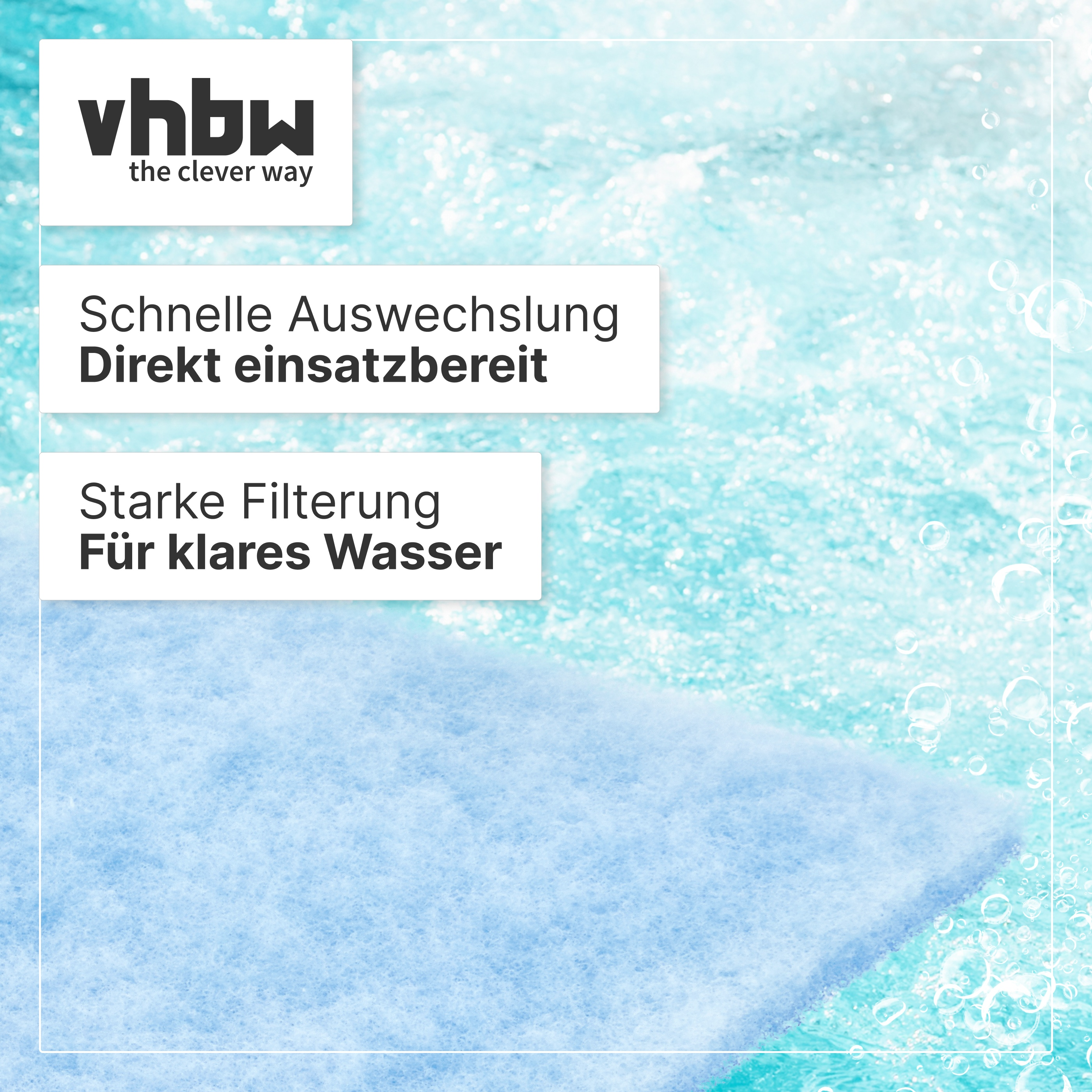 Blaue Filtermatte vor Hintergrund aus klarem Wasser mit Blasen und vhbw-Logo.