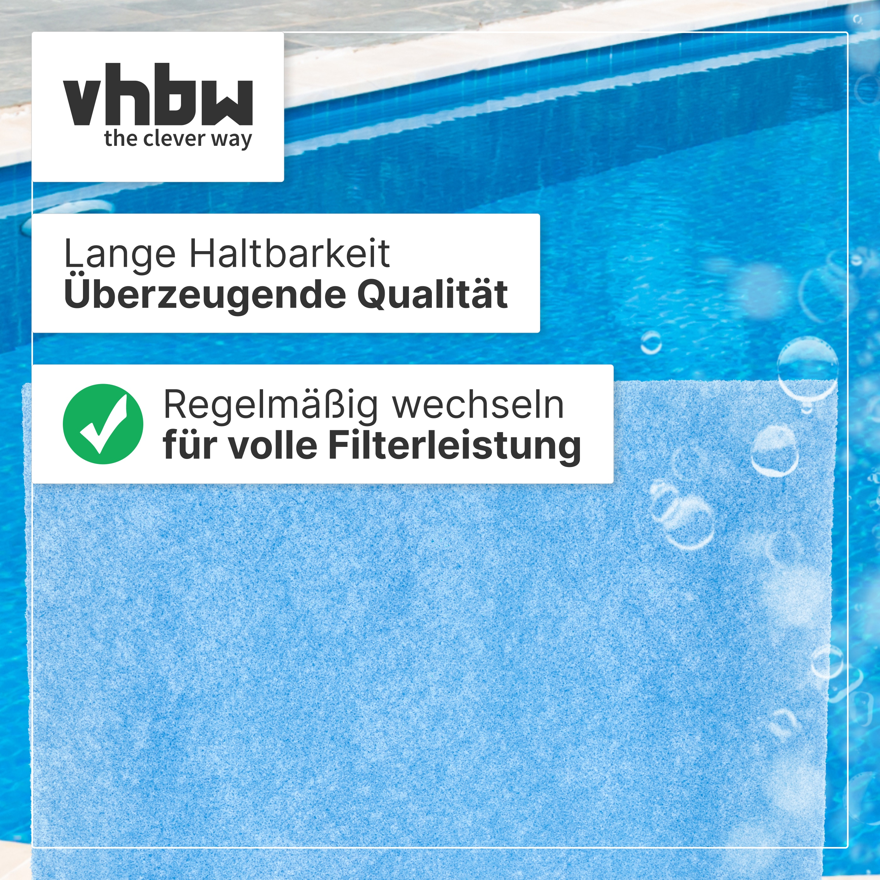 Blaue Poolfiltermatte vor Schwimmbad-Hintergrund mit vhbw-Logo und deutschem Text über Qualität und Filterleistung.