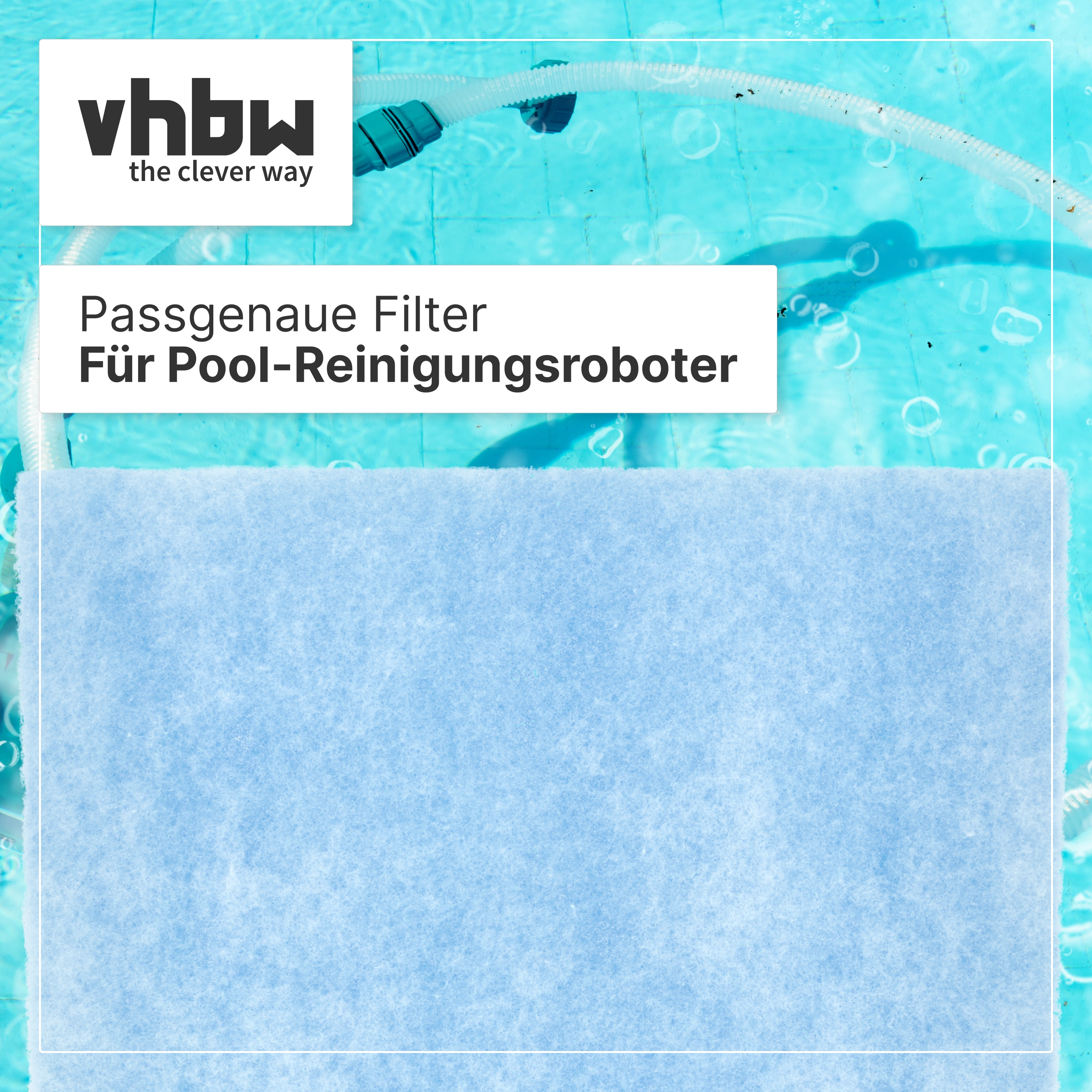 Ein blauer Poolfilter vor einem Poolhintergrund mit weißem Text.