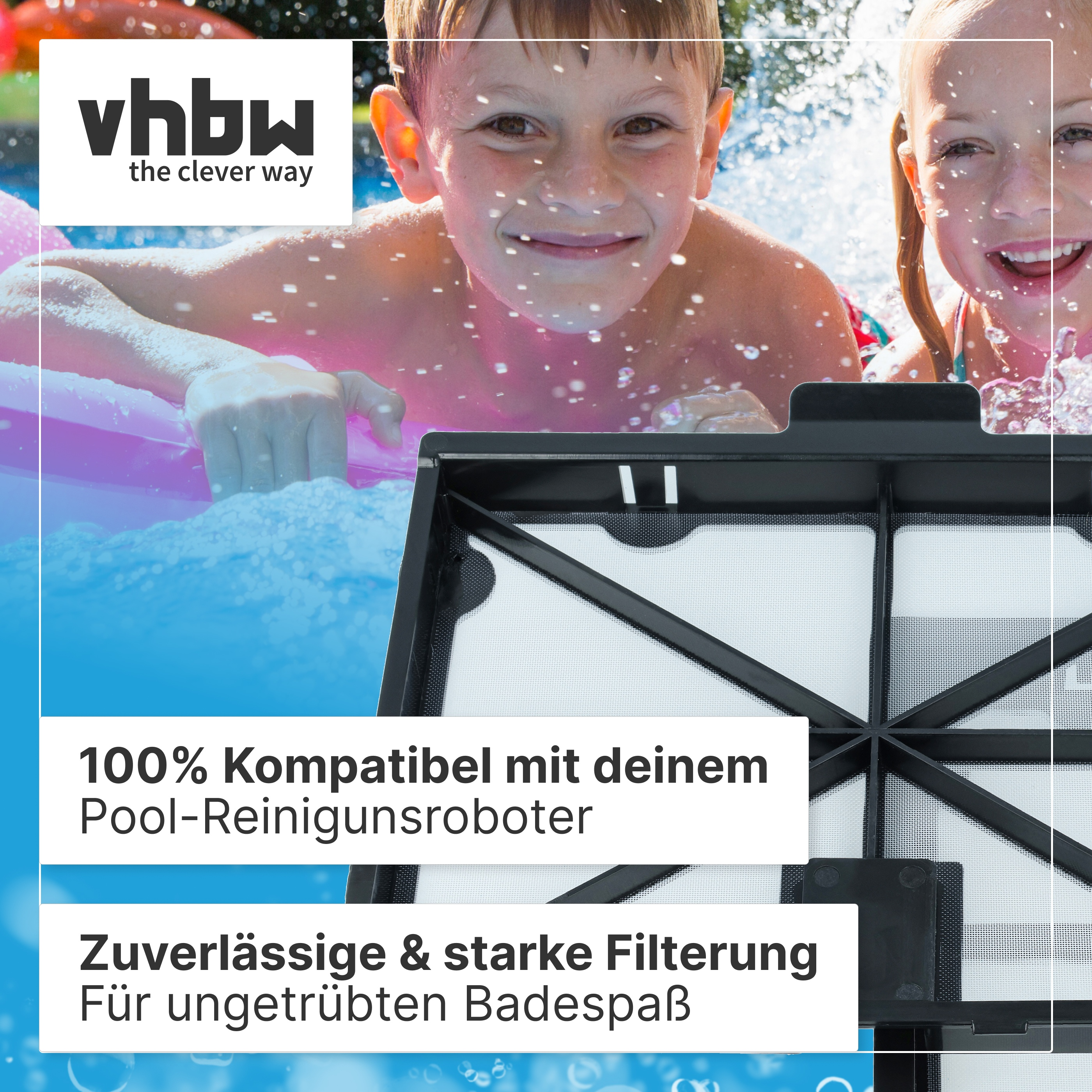 Ein schwarzer Roboter-Poolfilter im Vordergrund mit glücklichen Kindern im Hintergrund.