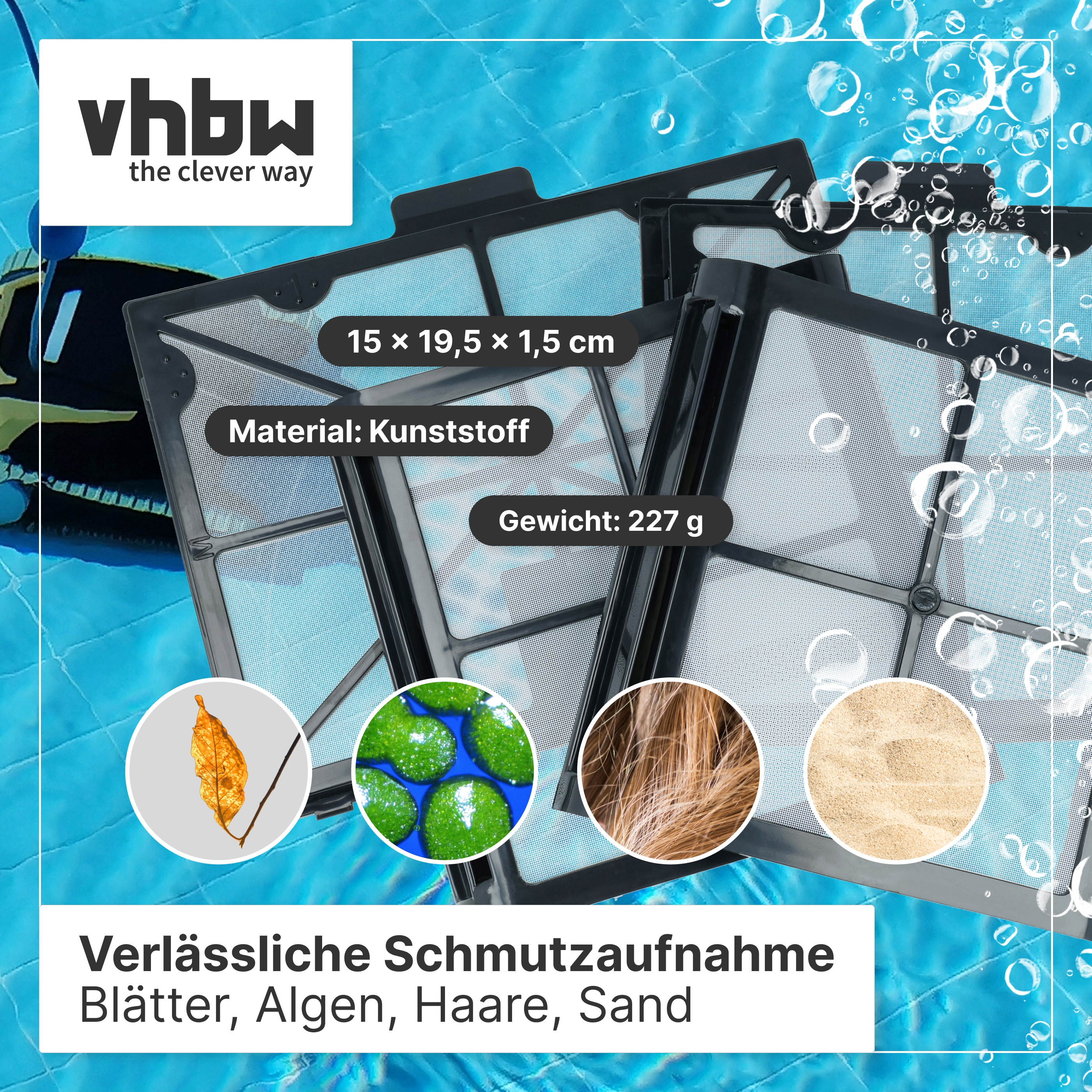 Drei schwarze Poolfilter mit Text und Symbolen für Blätter, Algen, Haare und Sand vor blauem Hintergrund.