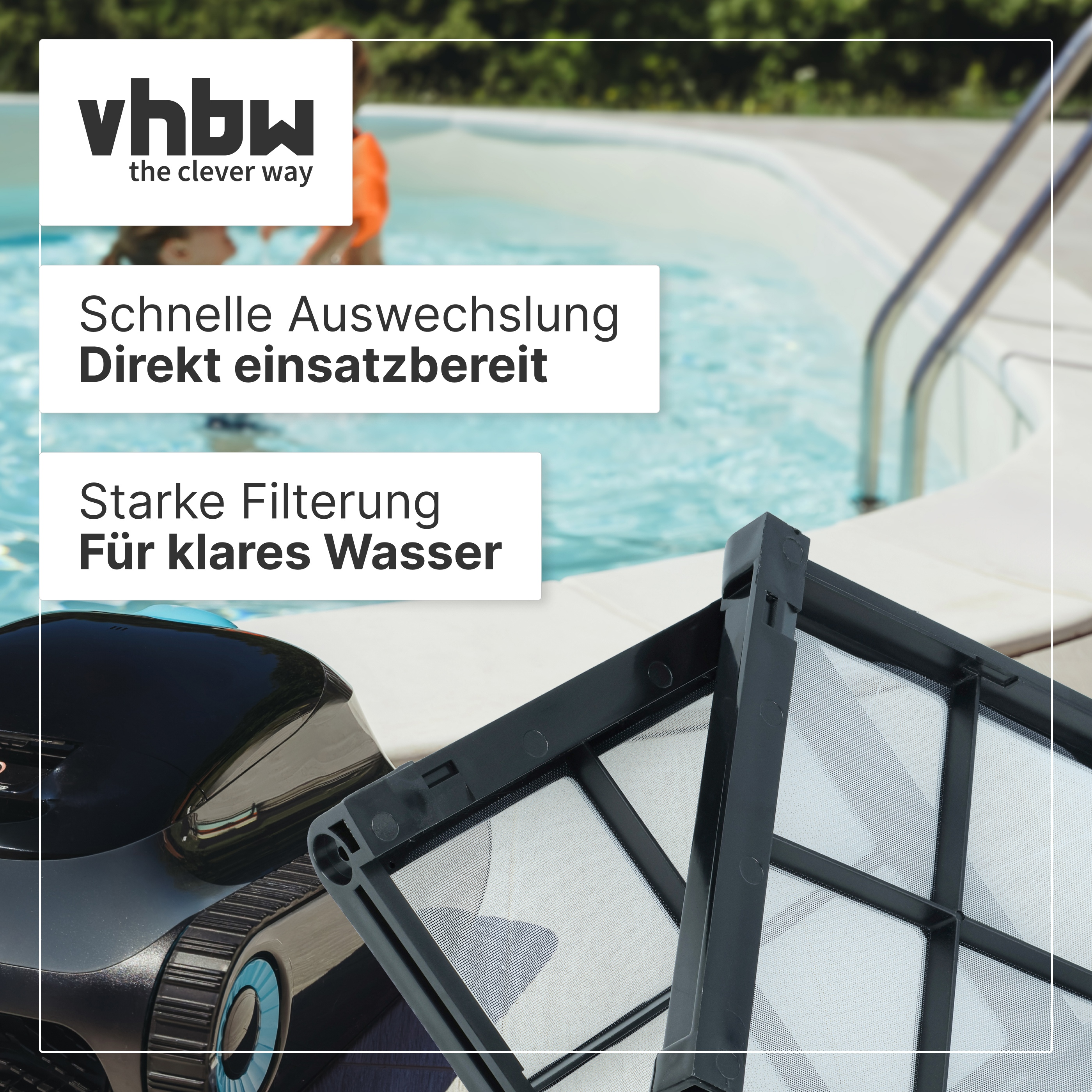 Poolfilter und Roboter vor einem Schwimmbad mit Textüberlagerung.