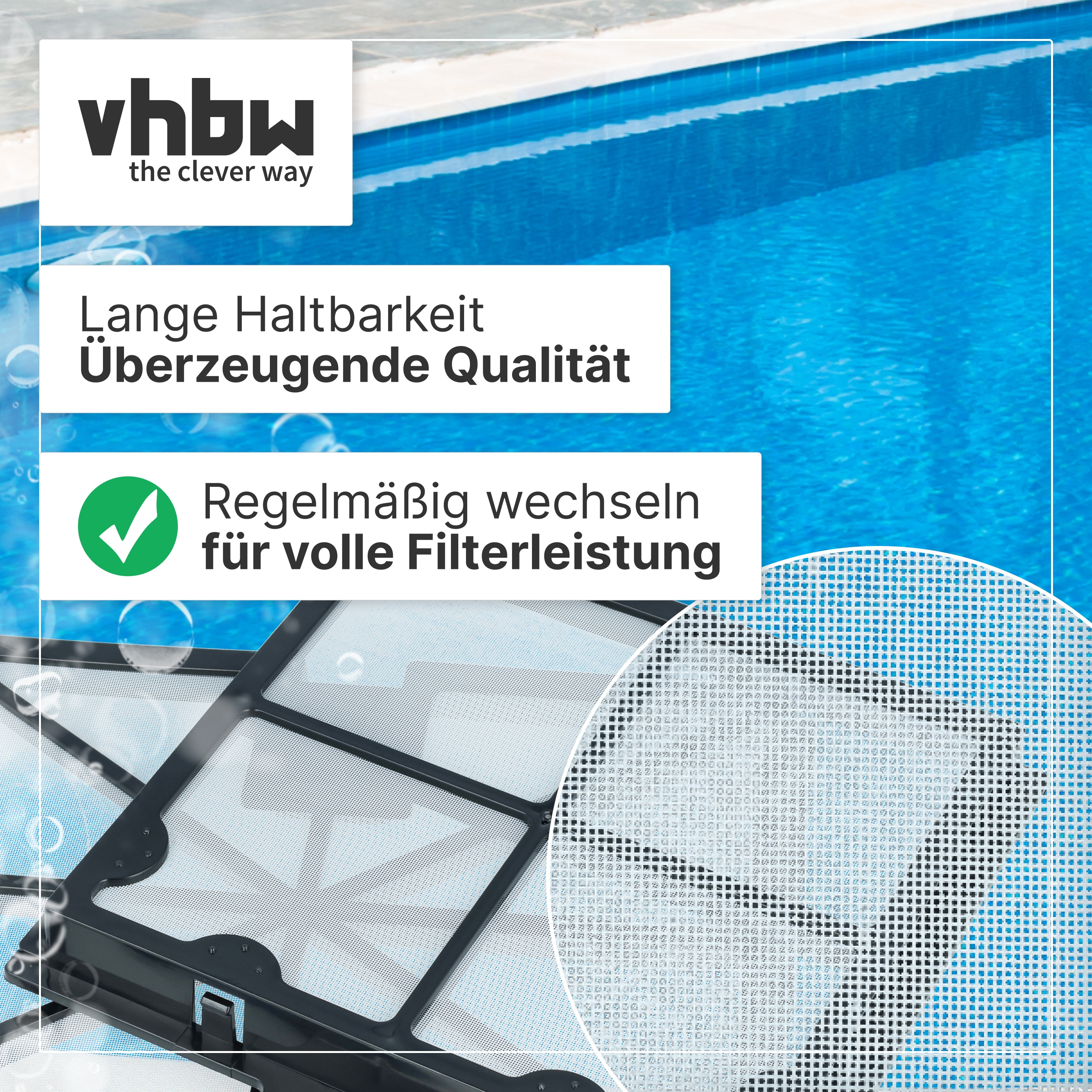 Poolfilter-Ersatzteile vor blauem Pool-Hintergrund mit Text.