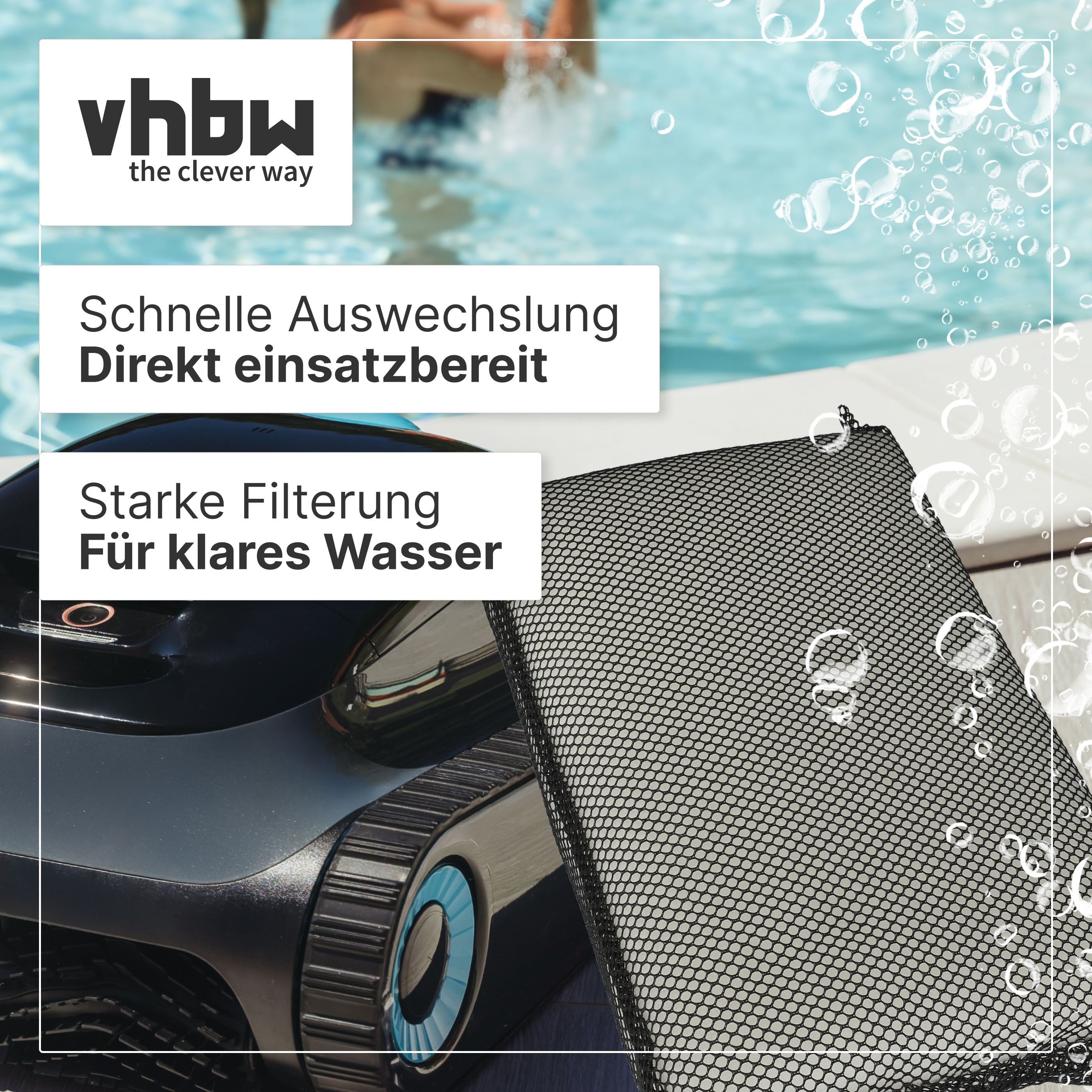 Poolroboter mit Netz am Poolrand, im Hintergrund schwimmt jemand. Textoverlay.