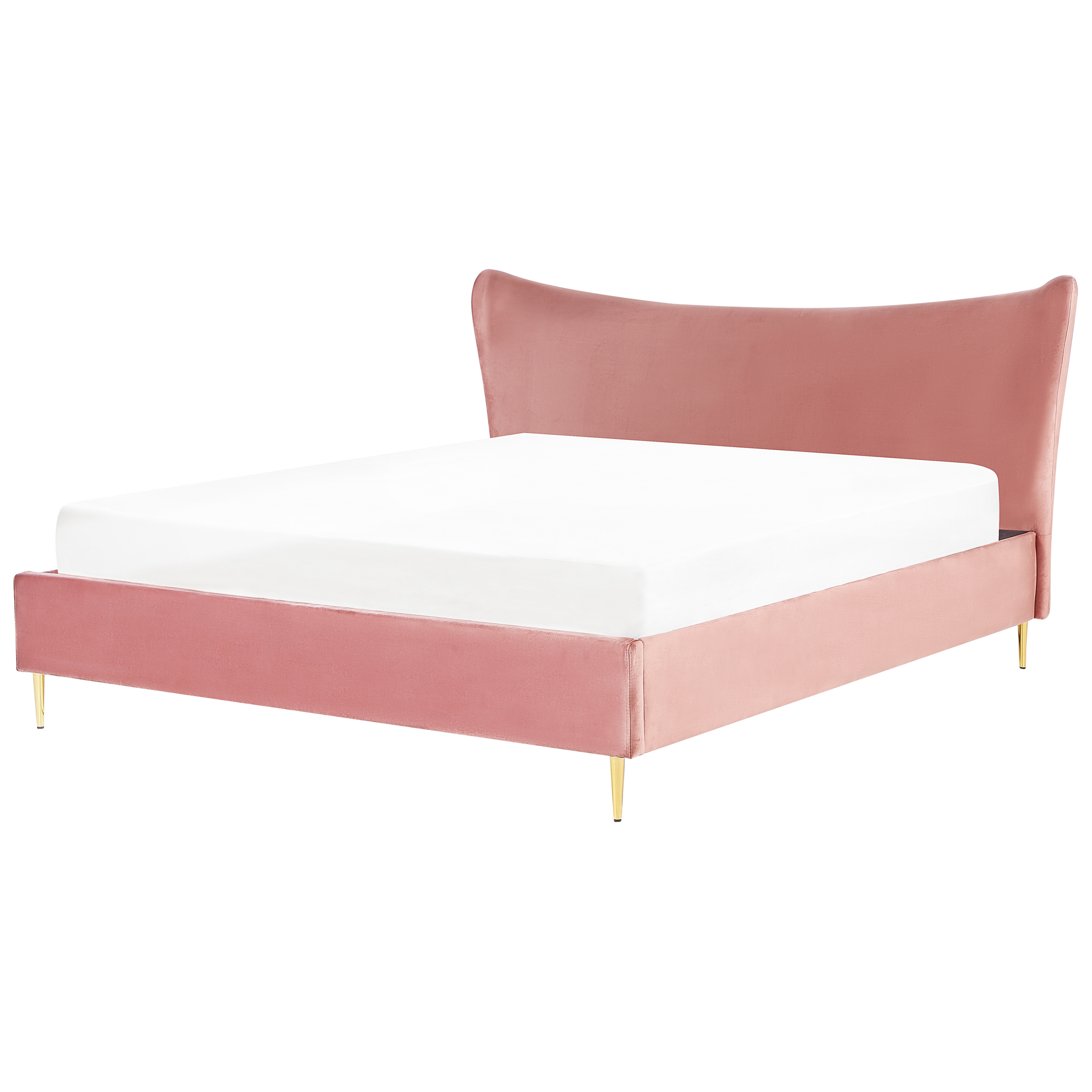 Un letto in velluto rosa con materasso bianco e gambe dorate.