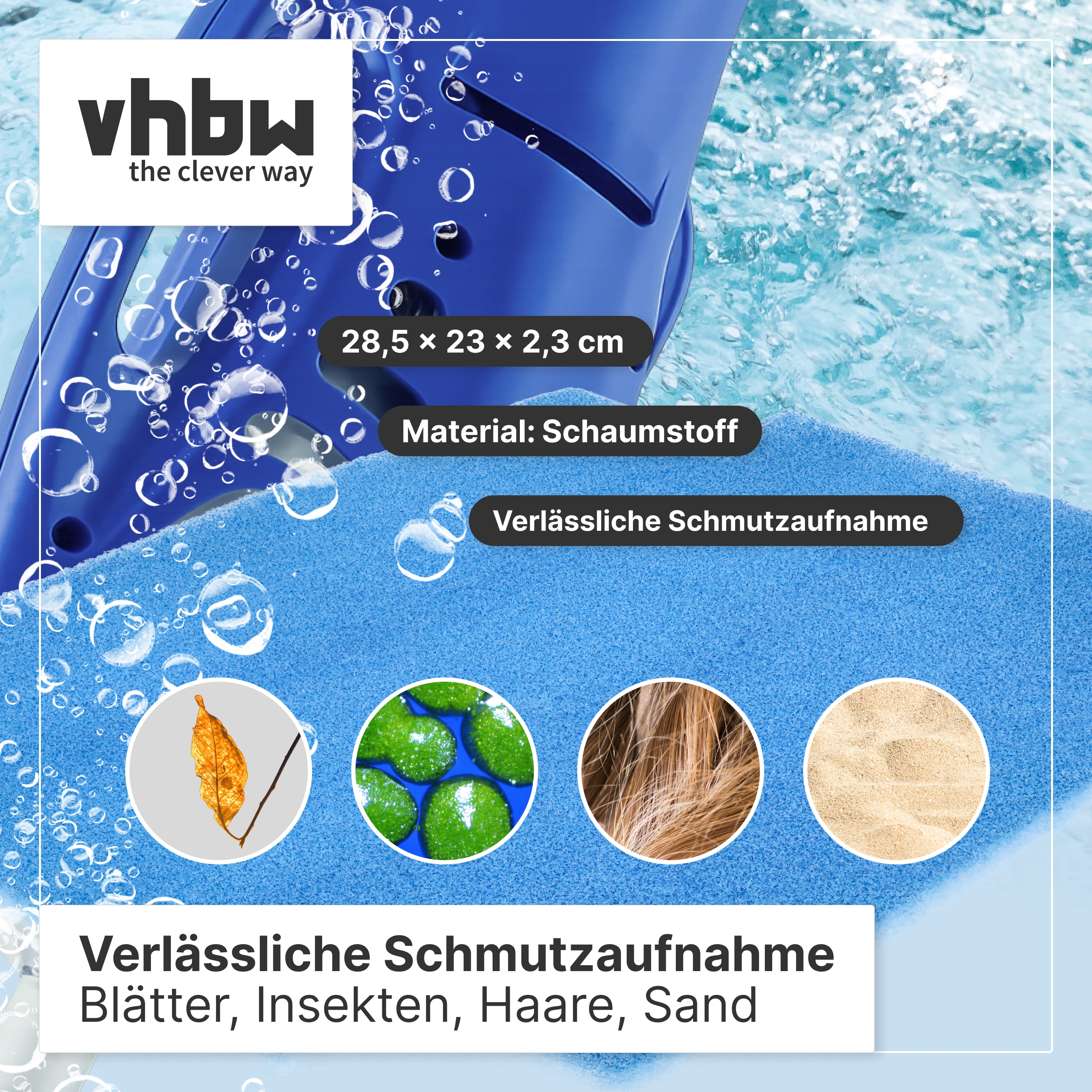 Blauer Schaumstoff-Poolfilter mit Logos, Maßen und Symbolen für Blätter, Insekten, Haare und Sand.