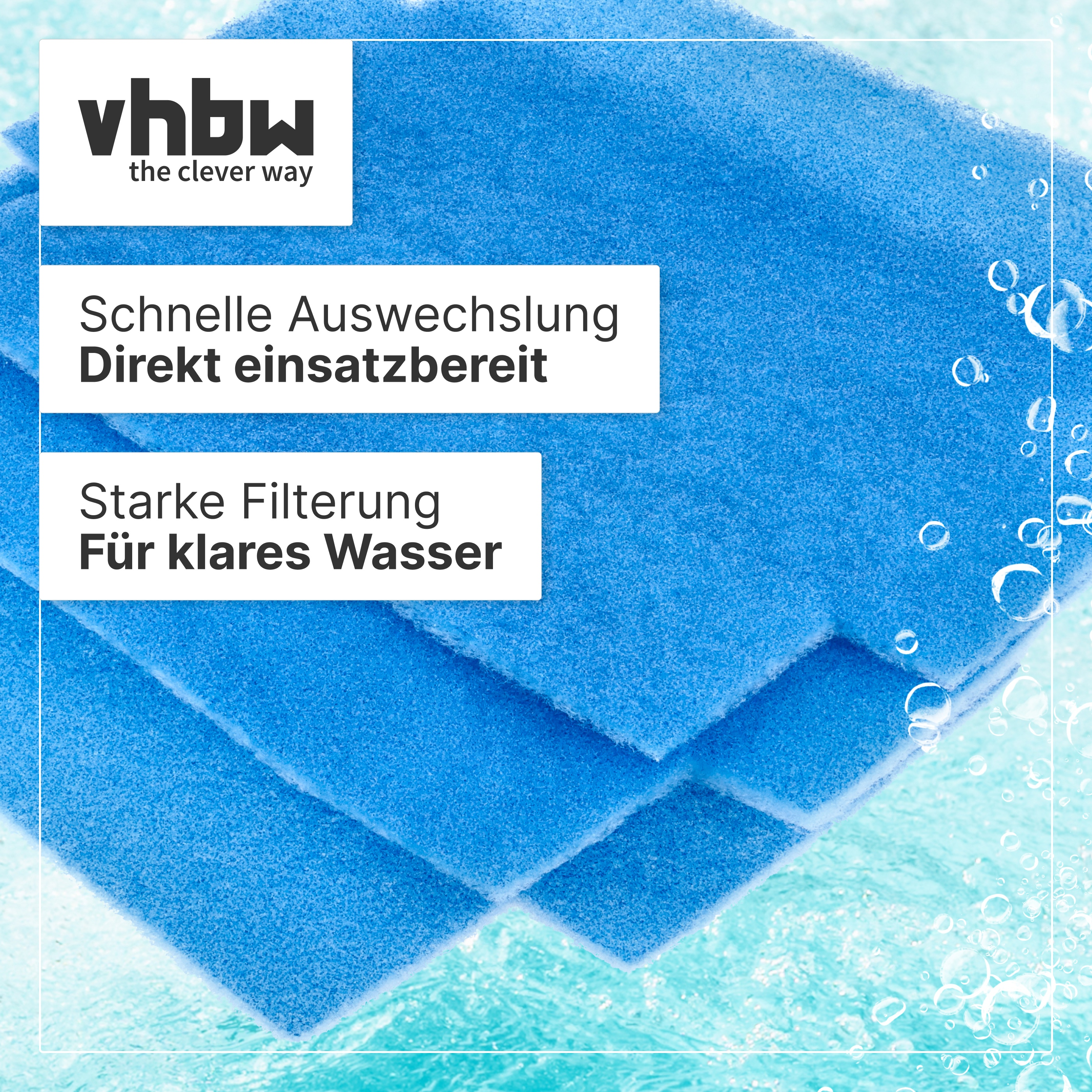 Blaue Filterschwämme für Aquarien vor einem Hintergrund mit aufsteigenden Wasserblasen und Textboxen.