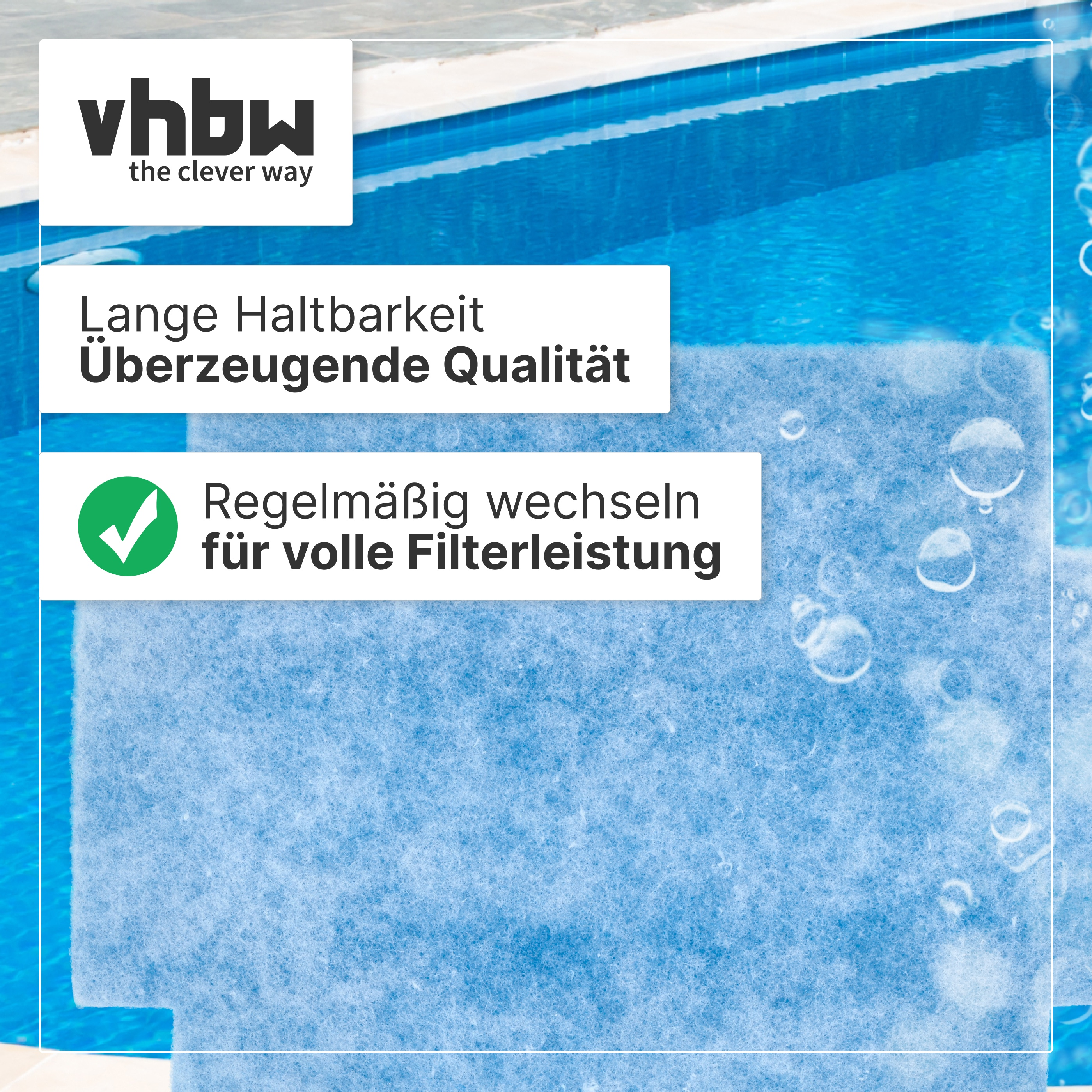 Werbebild für vhbw Poolfilter mit deutschem Text und dem vhbw Logo über einem blauen Pool.