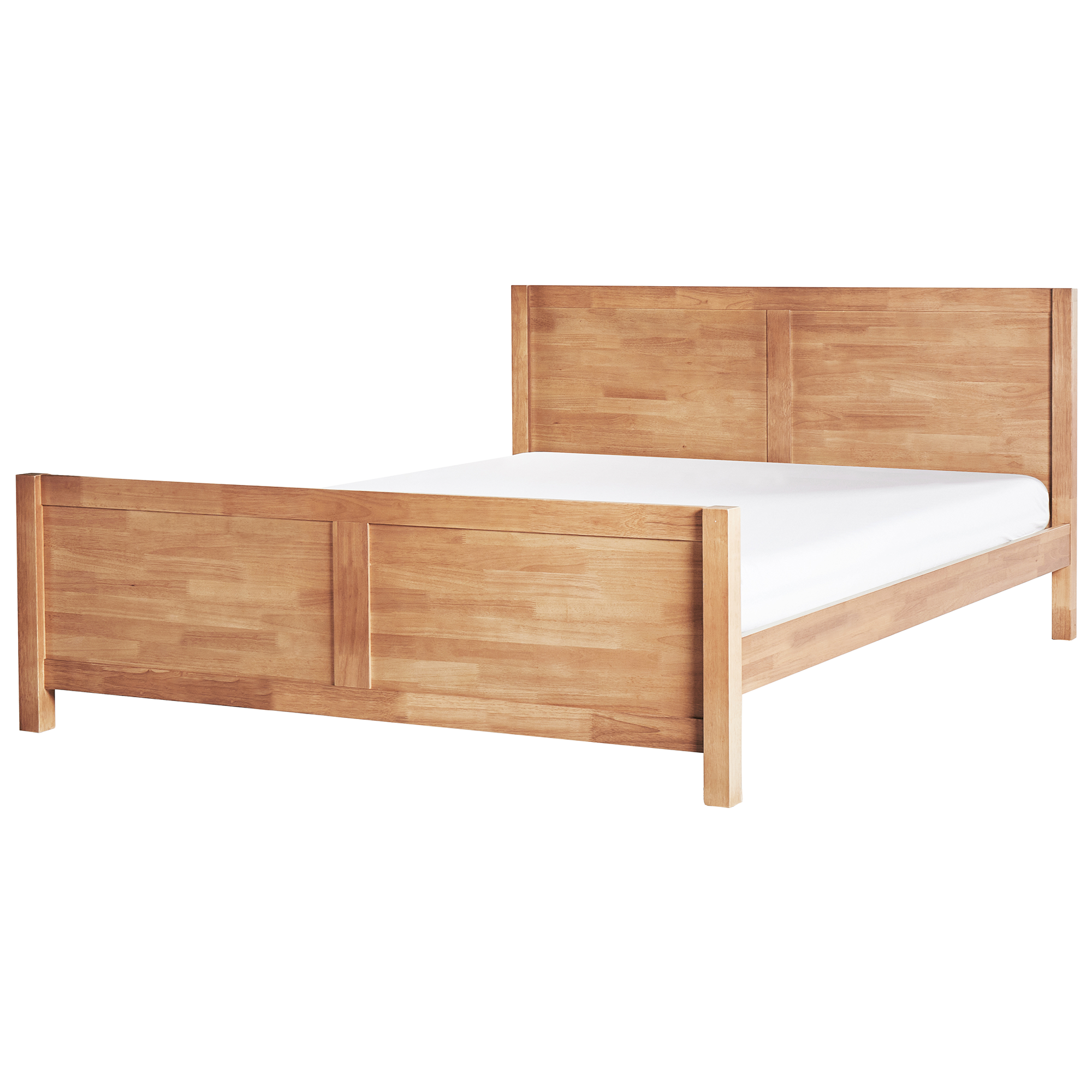 Un letto matrimoniale in legno con testiera, pediera e materasso bianco su sfondo bianco.